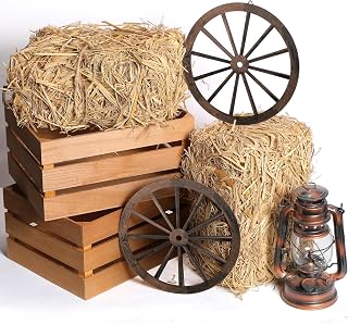 6 Pack 13 x 9 x 6 Inch Straw Hay Bale Stack Decoration Set Rustic Wooden Wagon Wheel Natural Hay Bales Boxes for Western Cowboy Photo Booth Props Birthday Farm Accessories