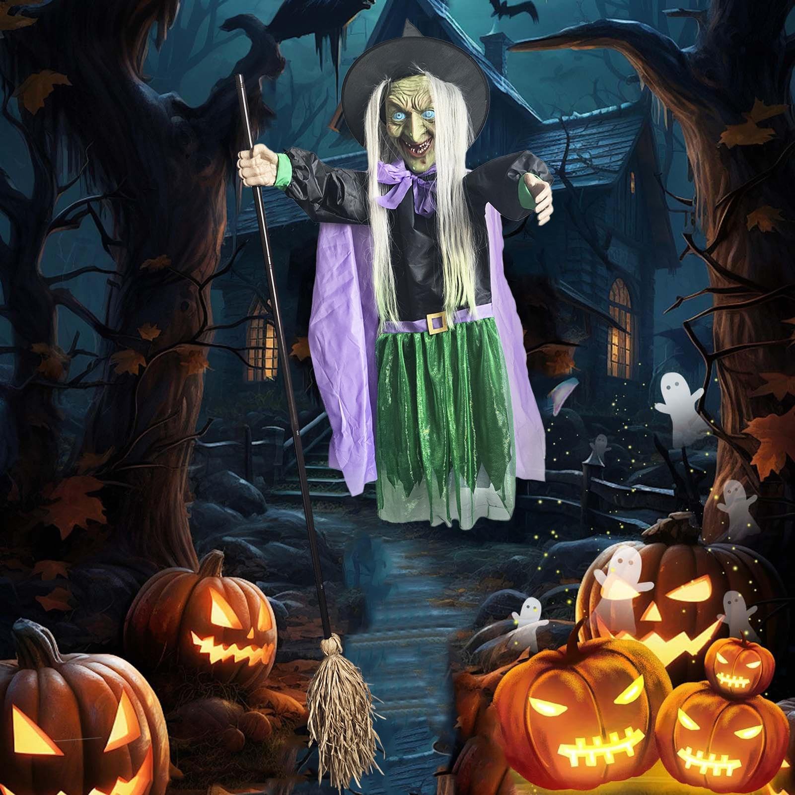 Halloweenowe Dekoracje Zewnętrzne Z Czarownicą Ozdoba Świąteczna Straszne | Dekoracje Latającej Lewitującej Czarownicy Z Przerażającym Dźwiękiem Do Ogrodu Na Trawnik Ganek Drzewo I Nawie