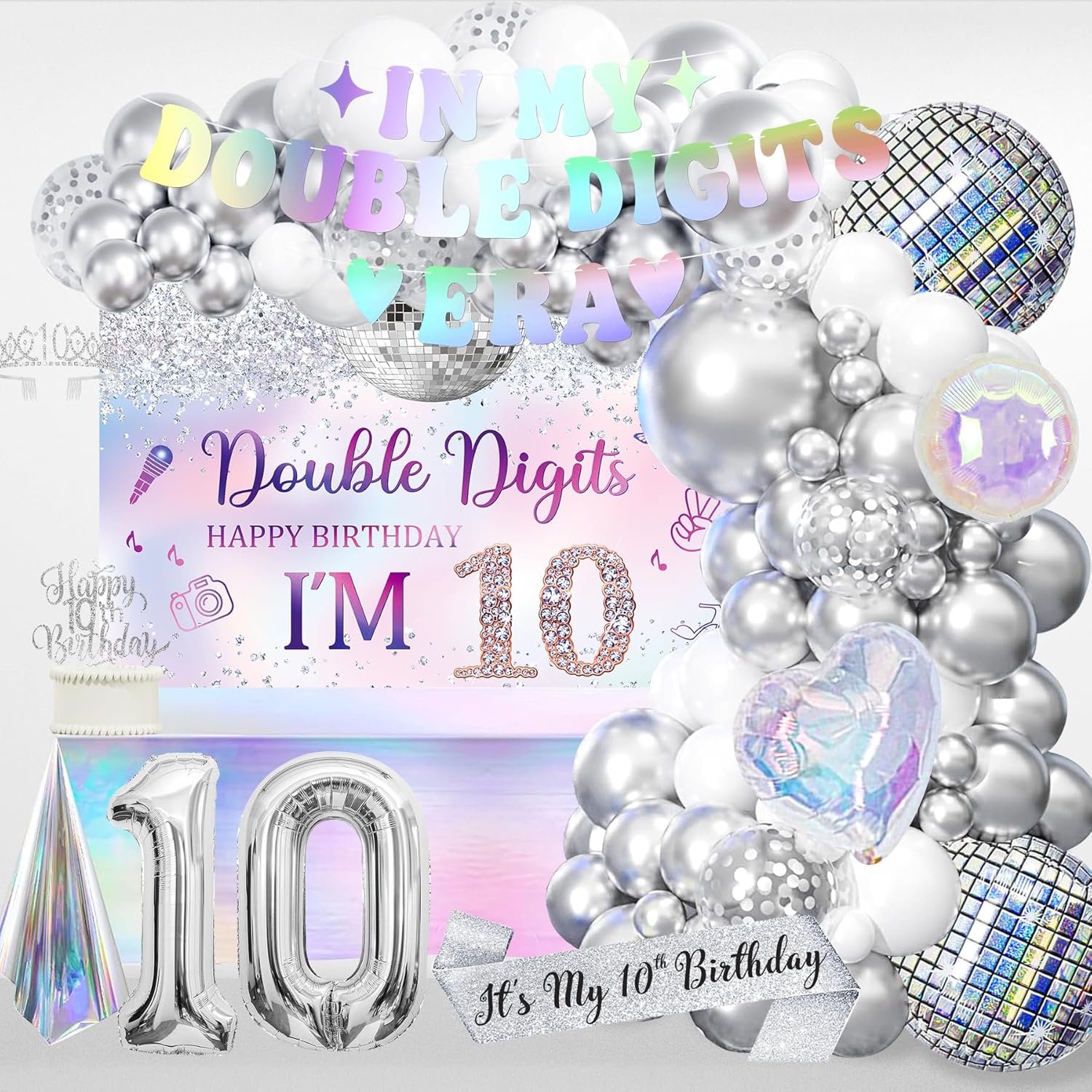 10th Birthday Decorations for Girls, Double Digits Birthday Party Decoration, In My Double Digits Era Party Supplies, Iridescence Tablecloth Sash Tiara Cake Topper Balloon Arch