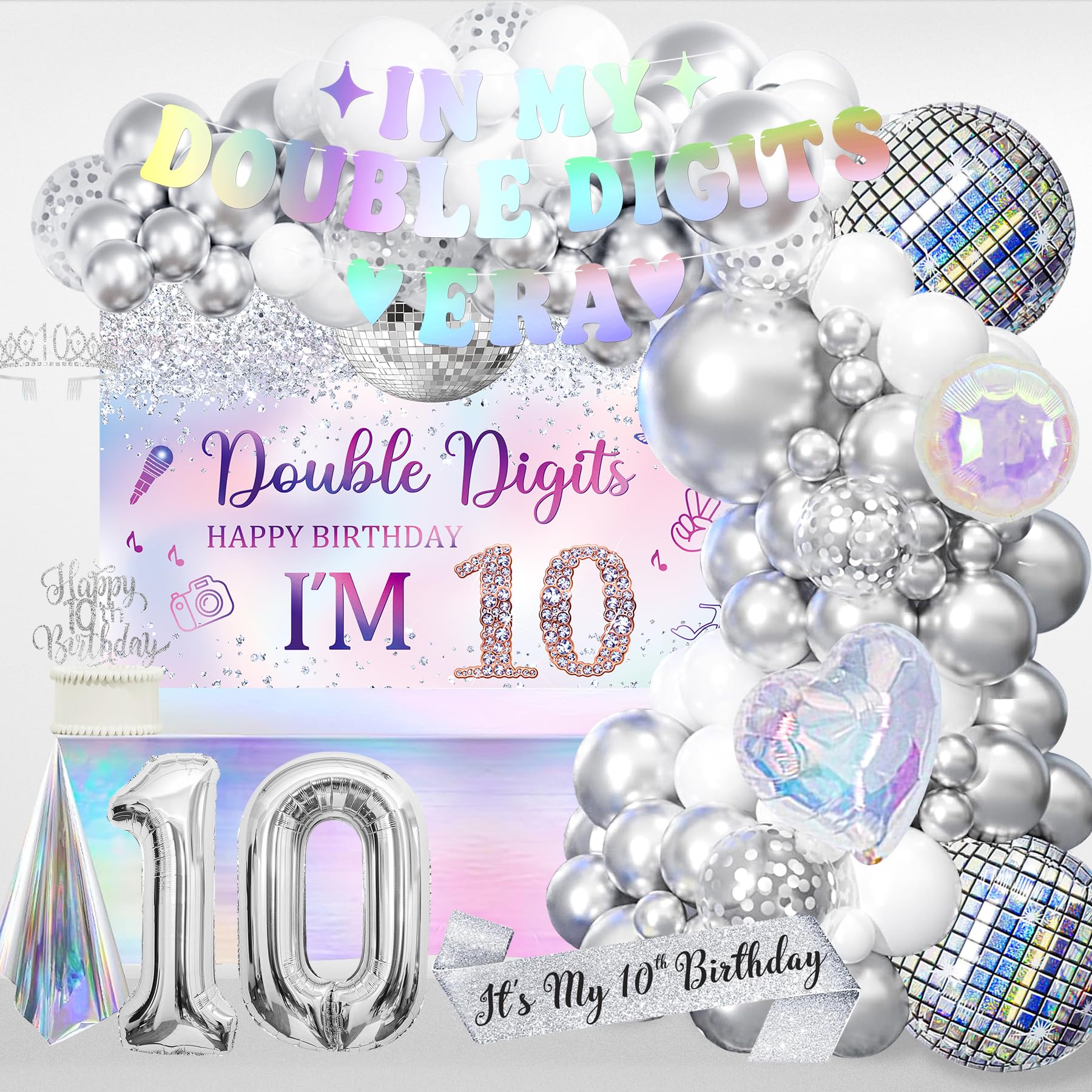 Photo 1 of 10th Birthday Decorations for Girls, Double Digits Birthday Party Decoration, In My Double Digits Era Party Supplies, Iridescence Tablecloth Sash Tiara Cake Topper Balloon Arch