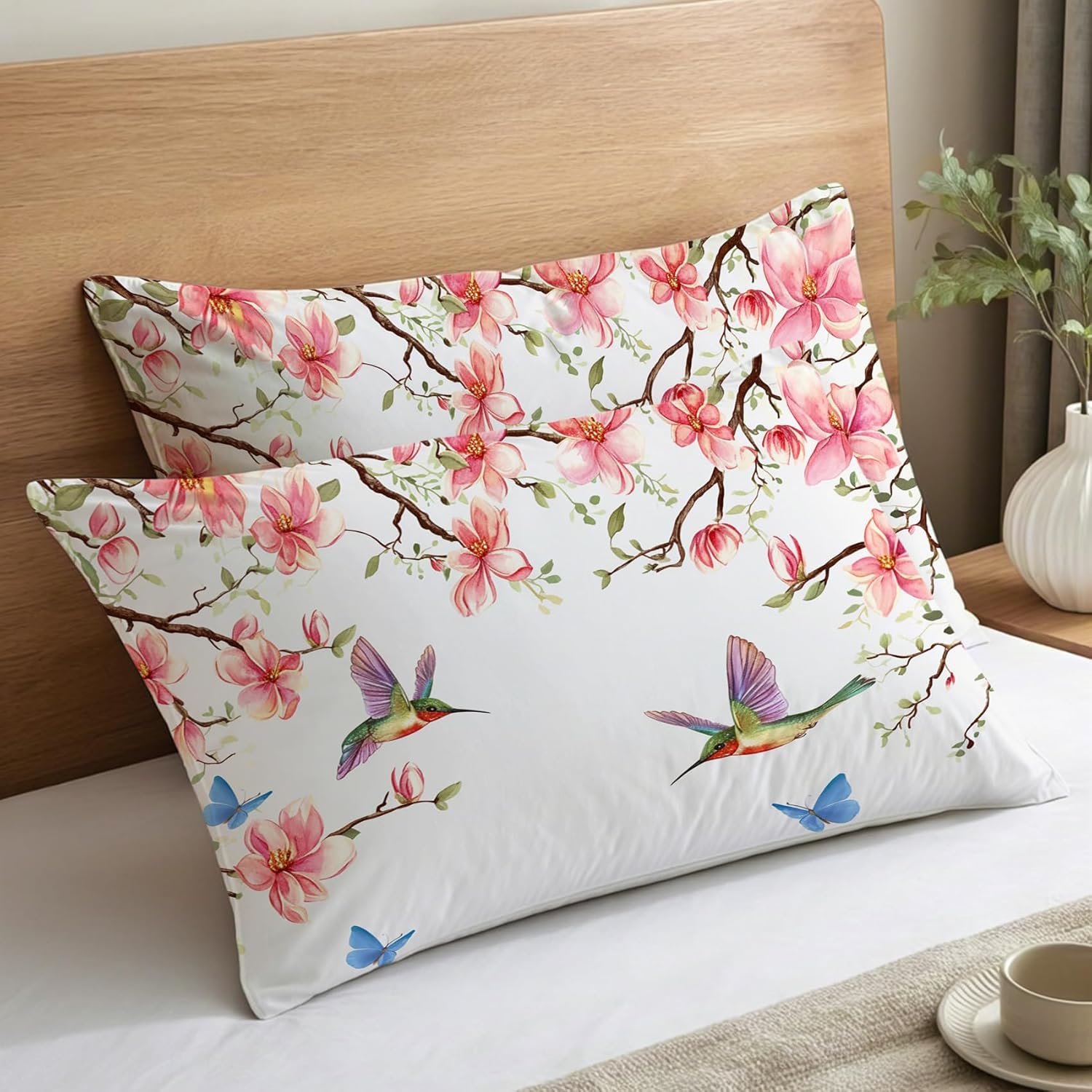 Hummingbird Pillow Cases King Size Set of 2 - Soft Breathable Microfiber Pillowcases with Envelope Closure, Floral and Bird Spring Patterned Pillow Covers, Hummingbird Gifts for Women