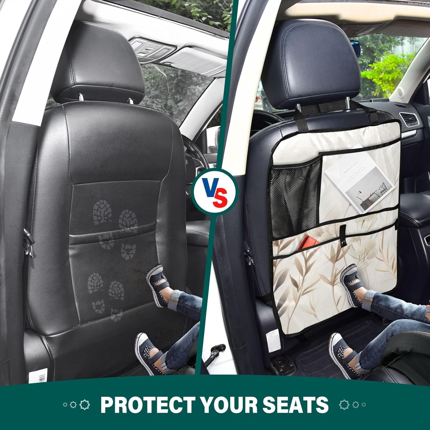 Car Seat Back Protector Minimalistic Plants Print, Backseat Organizer with Pockets for Tablet Bottle Tissue Book, Auto Kick Mats 25x18 IN 2 Pack