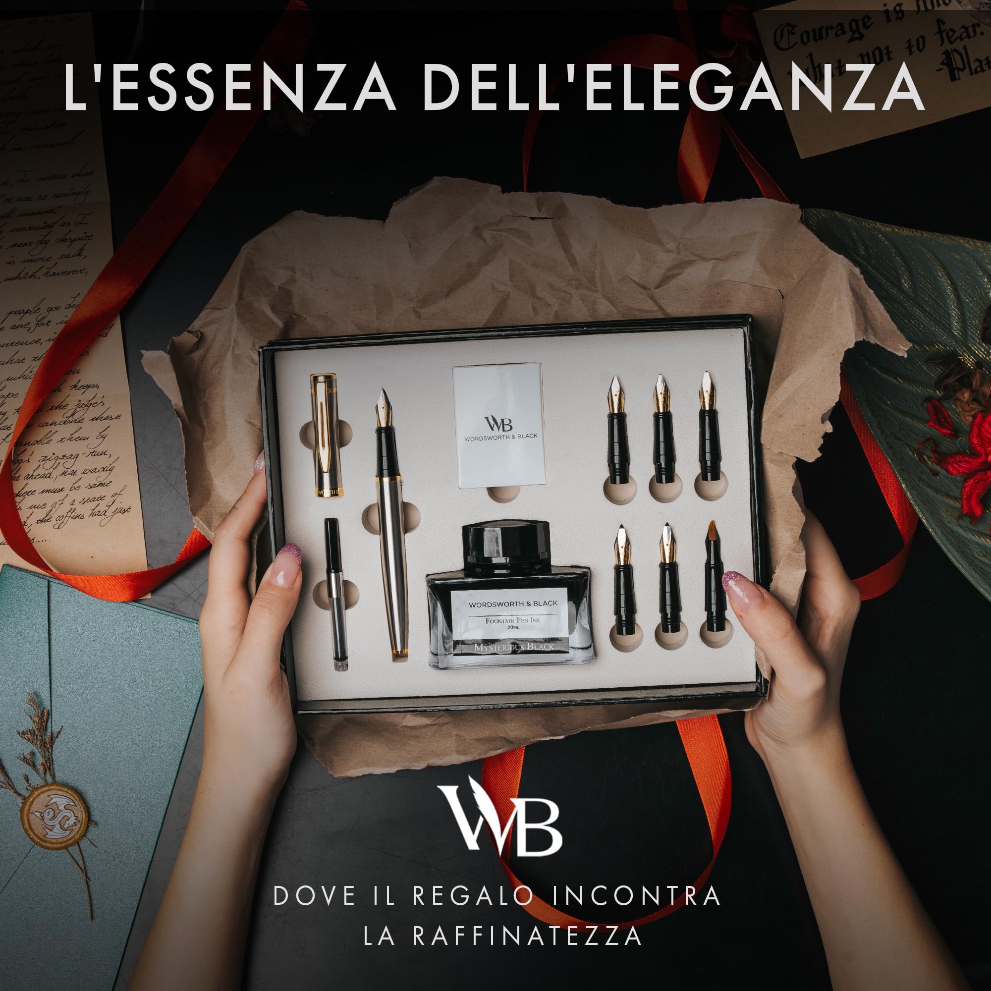 Wordsworth & Black Set Regalo Penna di Calligrafia, Include Bottiglia di Inchiostro, 6 Cartucce d'Inchiostro, Convertitore di Ricarica d'Inchiostro 6 Punte di Ricambio, Pacchetto Premium[Argento Oro]