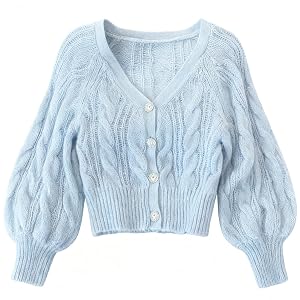 Womens Cable Knit Cardigan Sweater Light Blue Button Front Long Sleeve Chunky Winter Knitwear