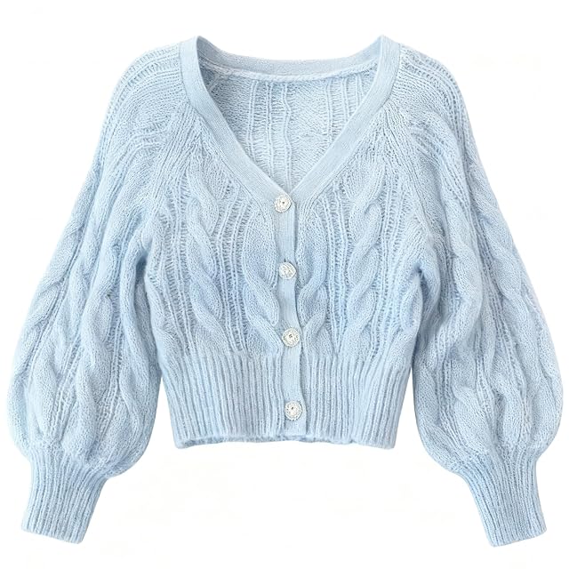 Womens Cable Knit Cardigan Sweater Light Blue Button Front Long Sleeve Chunky Winter Knitwear