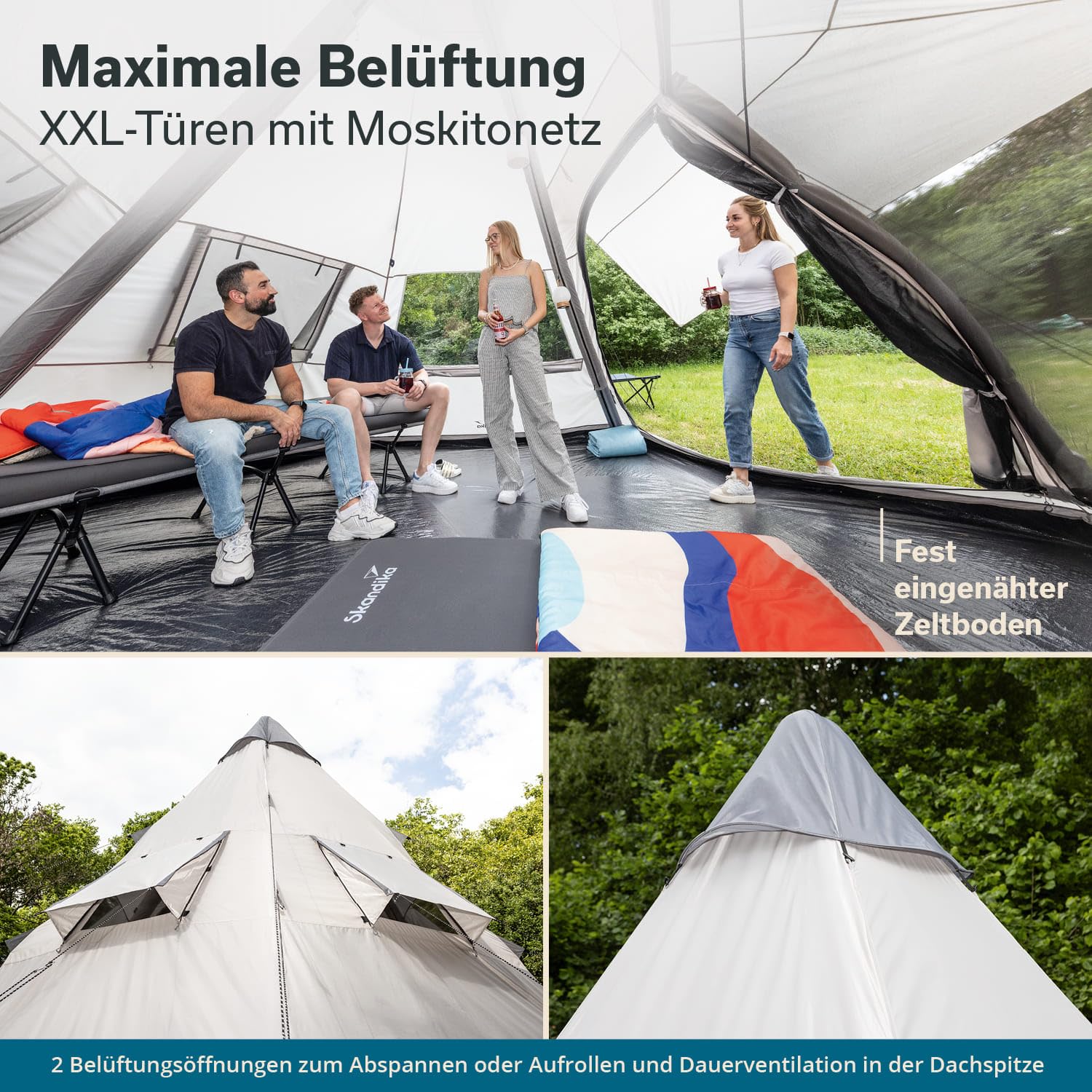 Skandika Luftzelt Tipi Hetta 460 Air Protect | Aufblasbares Familienzelt für 6 Personen, 2,95 m Stehhöhe, 3000 mm Wassersäule, eingenähter Zeltboden, UV 50+ | Campingzelt, Festivalzelt, Indianerzelt