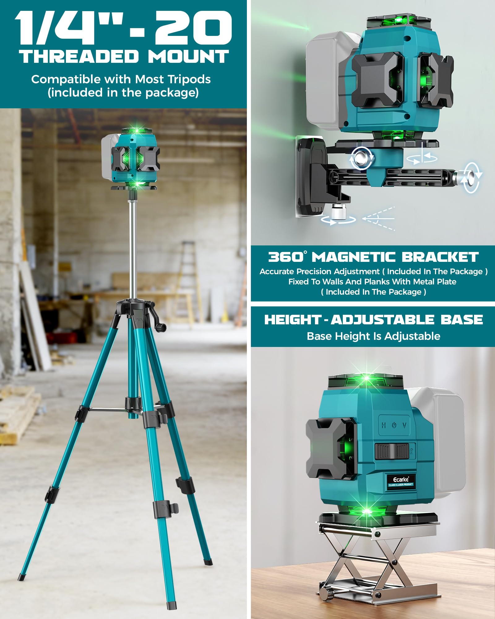 Ecarke Nivel Laser 4D con 16 Líneas Horizontales, 4x360°, Trípode, Compatible con Batería Makita 18V, Nivel Láser Autogestionado para Obras de Construcción, Azulejos y Renovación (Solo Herramienta)