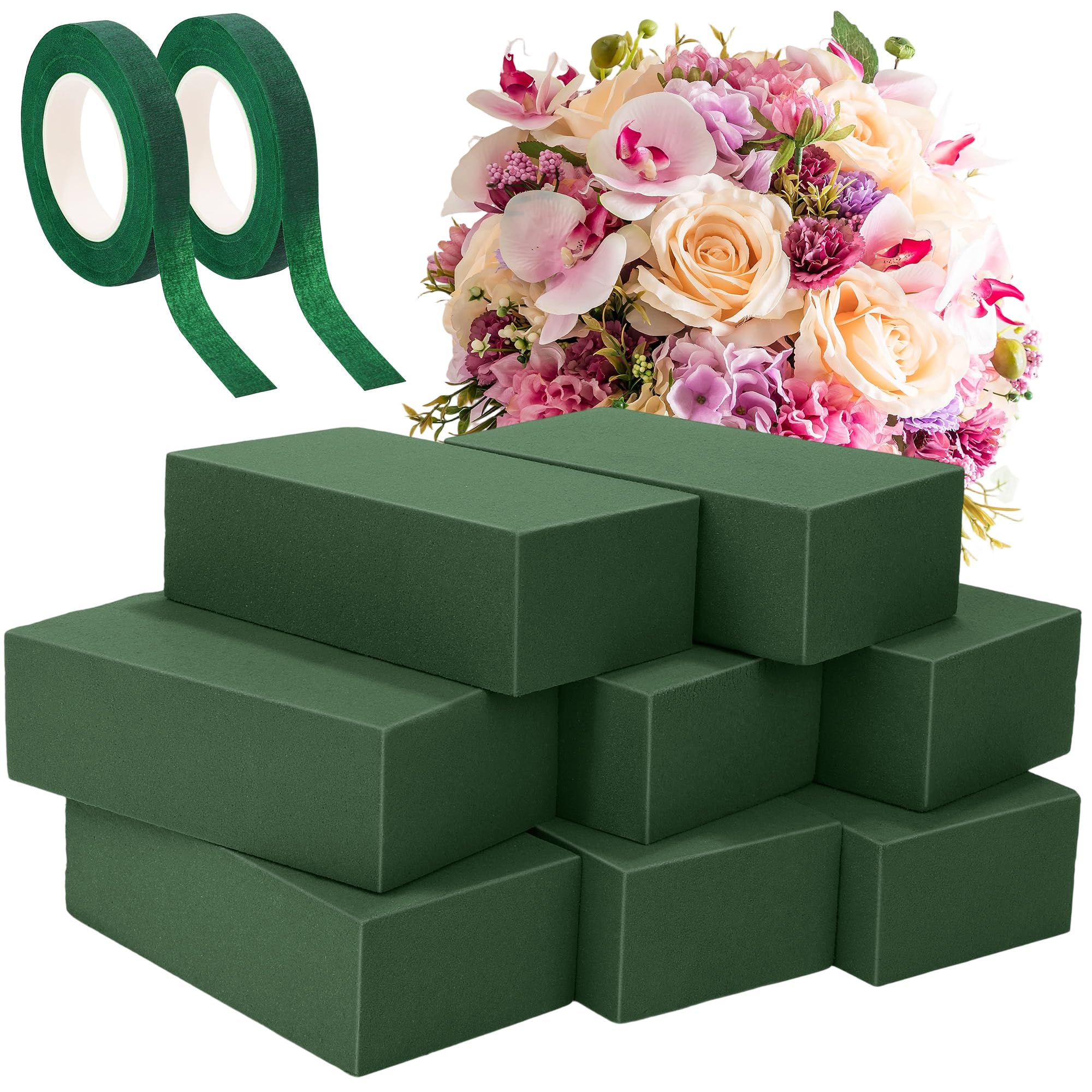 Aneco 8 Pieces Floral Foam Blocks with 2 Rolls Floral Tape 5.5''L x 3.1''W x 1.8''H Green Square Flower Foams Flower Arrangements Supplies for Dry & Wet Flower Wedding Home Decor and DIY Crafts-image-44