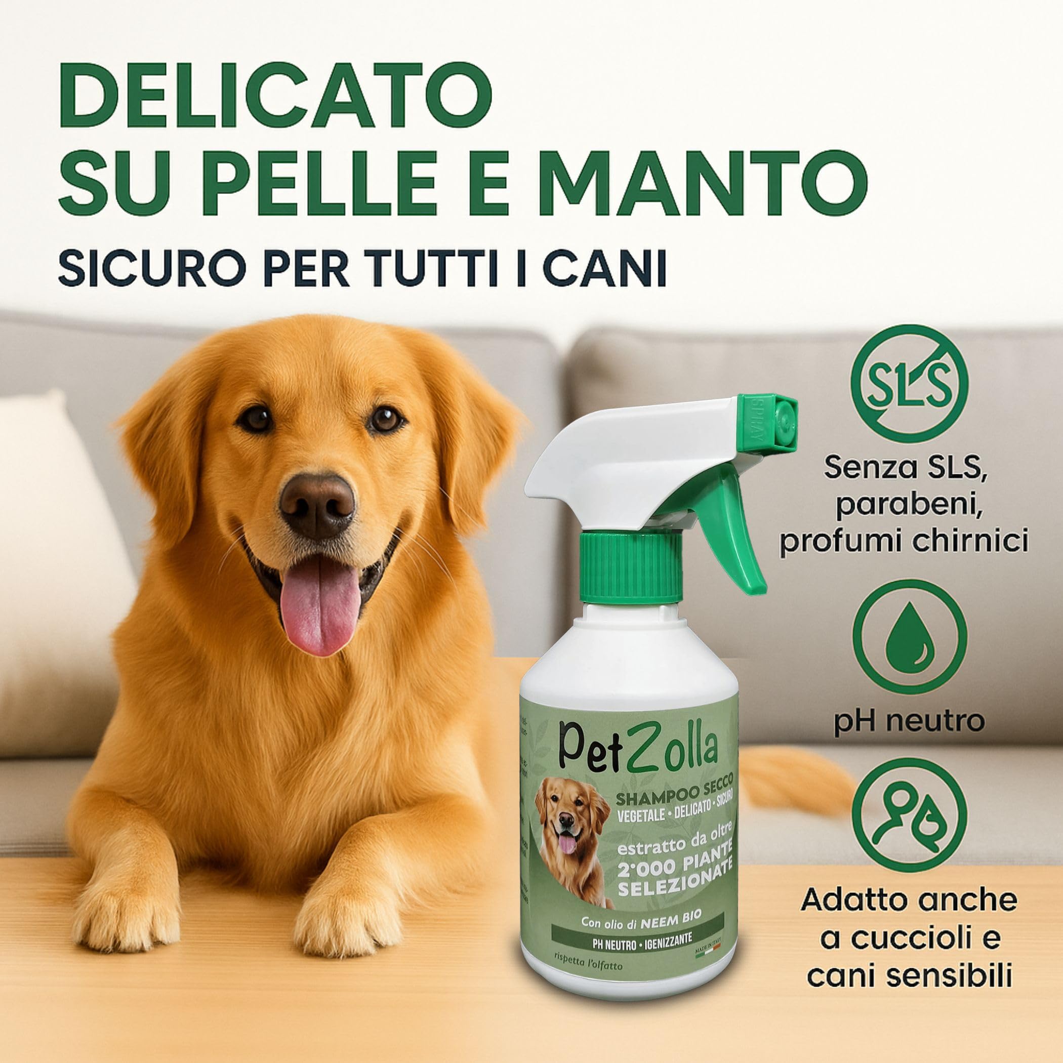 Kit Shampoo secco per cani senza risciacquo 300ml, Spray districante sciogli nodi pelo cane 300 ml e Spray pulisci zampe 300ml, formula naturale con olio di neem timo e argan - Made in Italy
