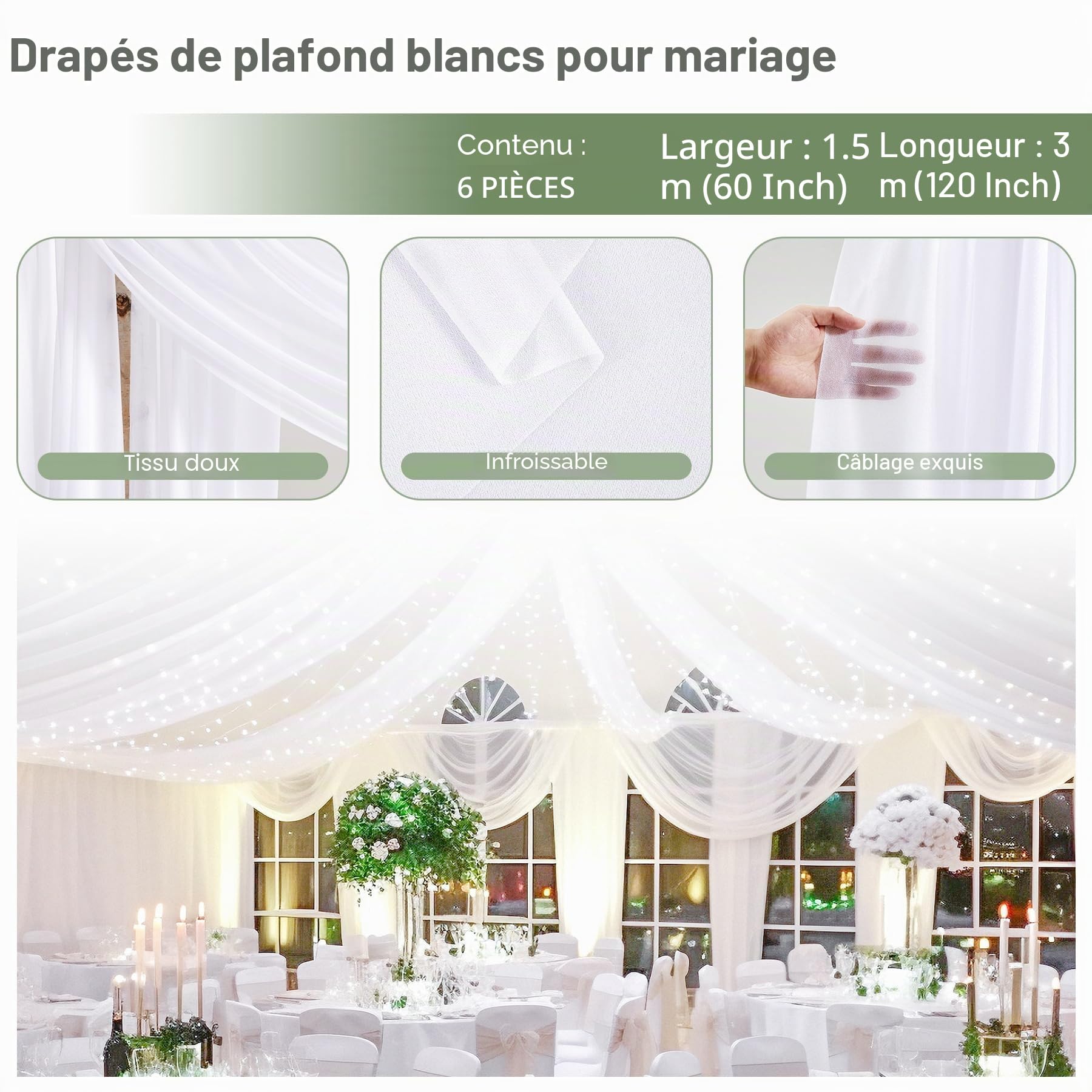 Lot de 6 rideaux de plafond blancs avec guirlandes lumineuses pour mariage – Rideaux de plafond en tulle transparent pour décoration de maison, fête, cérémonie, scène, 1,5 x 3 m