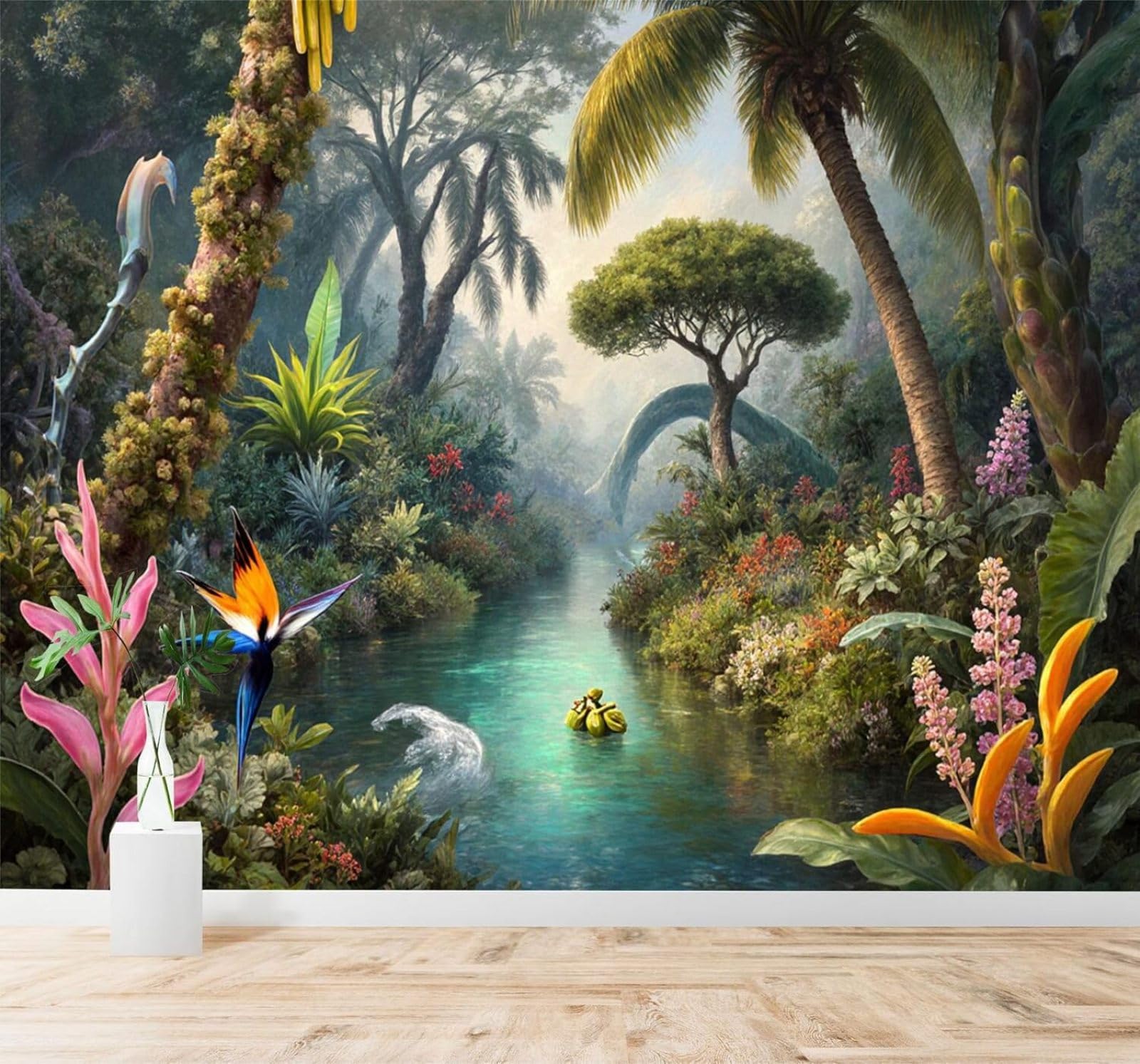 Tzxztt Fresh Tropical Jungle River Flowers Landscape Modern 3D Wallpaper Premium Textured Silk Neutral Tones Material Ideal for Living Room Bedroom-250cm×170cm