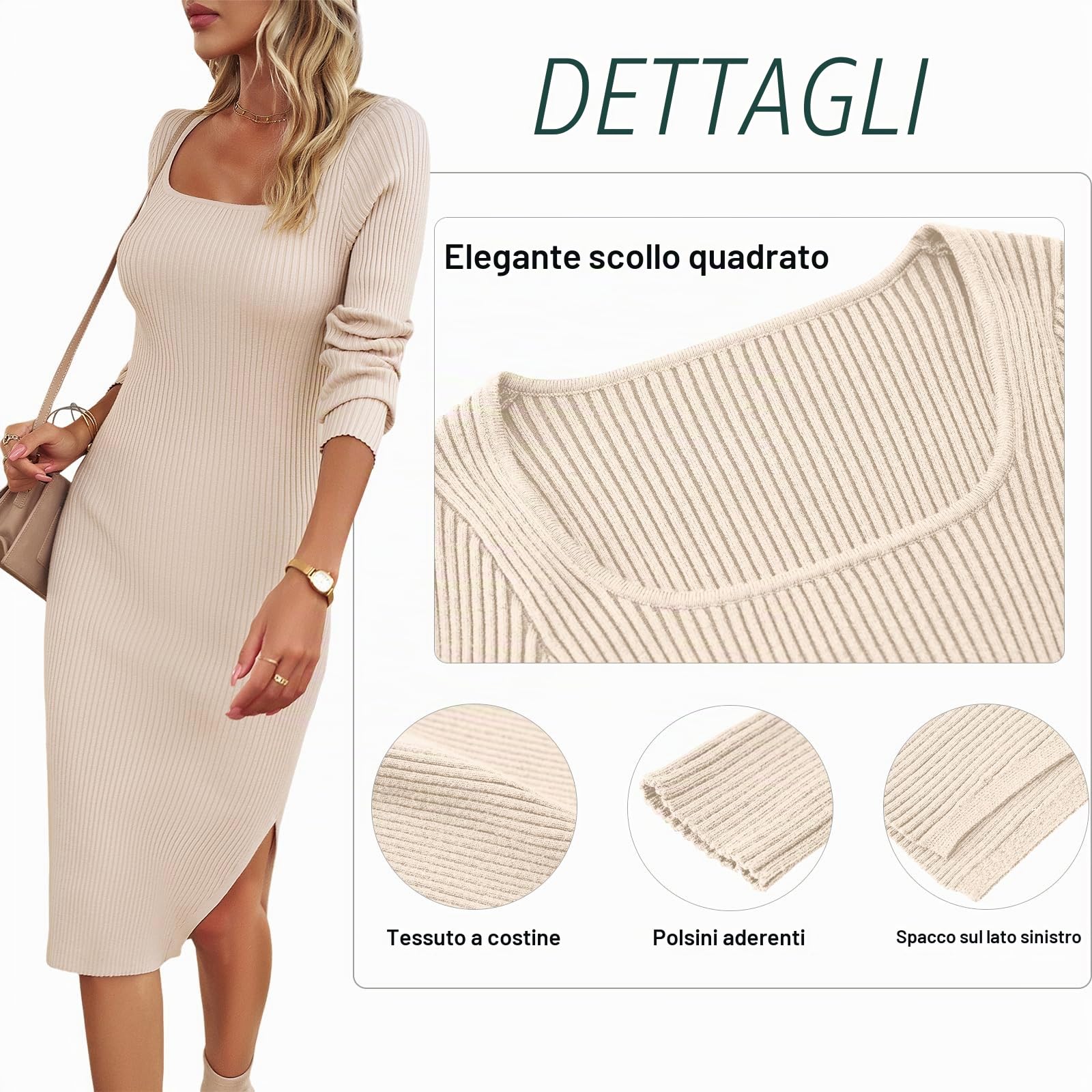 Vestito Donna Elegante Abito Invernale in Maglia Casual Abito Aderente Vestiti con Scollo a U e Maniche Lunghe Midi Dress Maglione Autunno