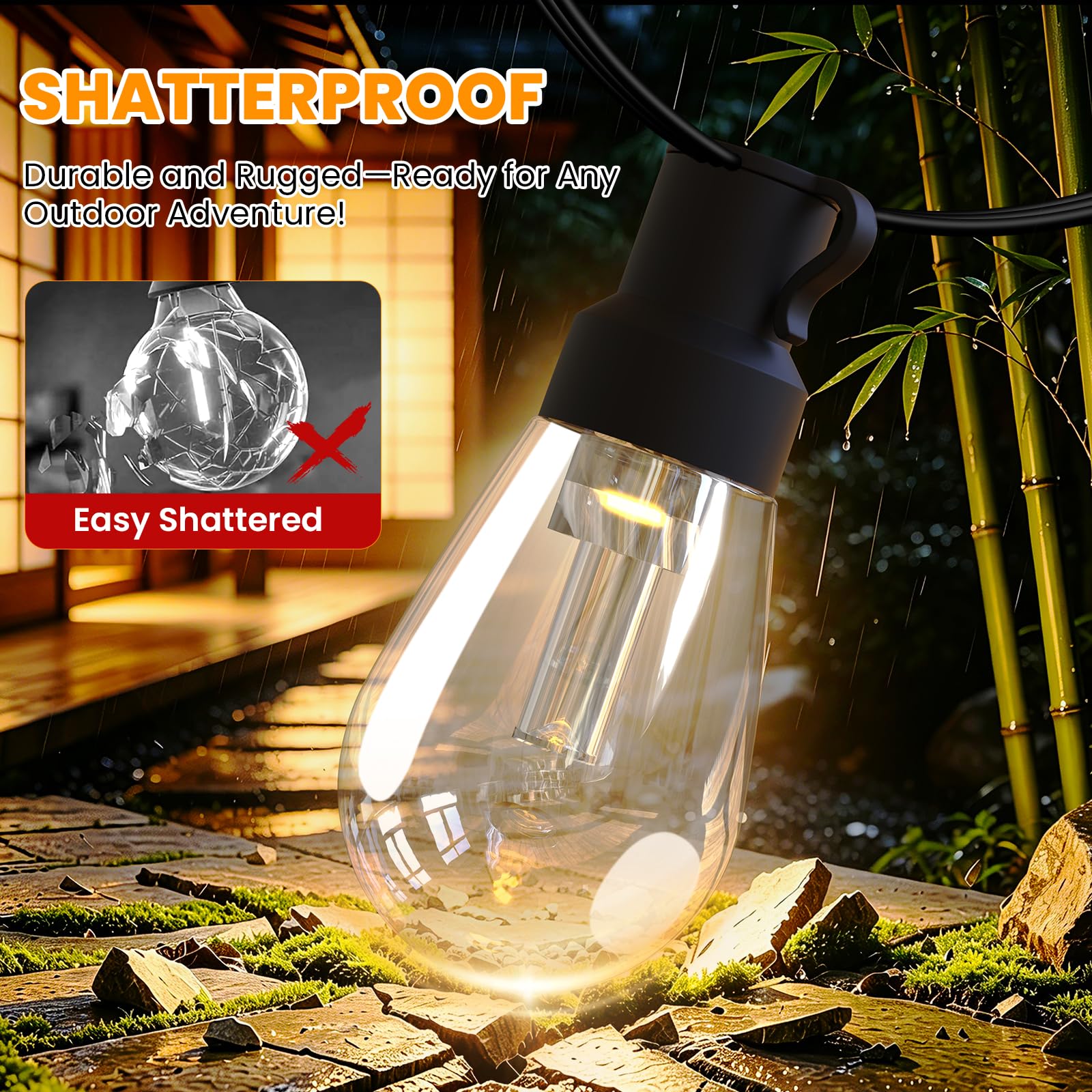 24V Tira LED para exteriores [50 LEDs/60M, blanco cálido], luz de jardín impermeable IP67, tira de bombilla esférica PC irrompible con gancho en S, decoración para hogar y jardín