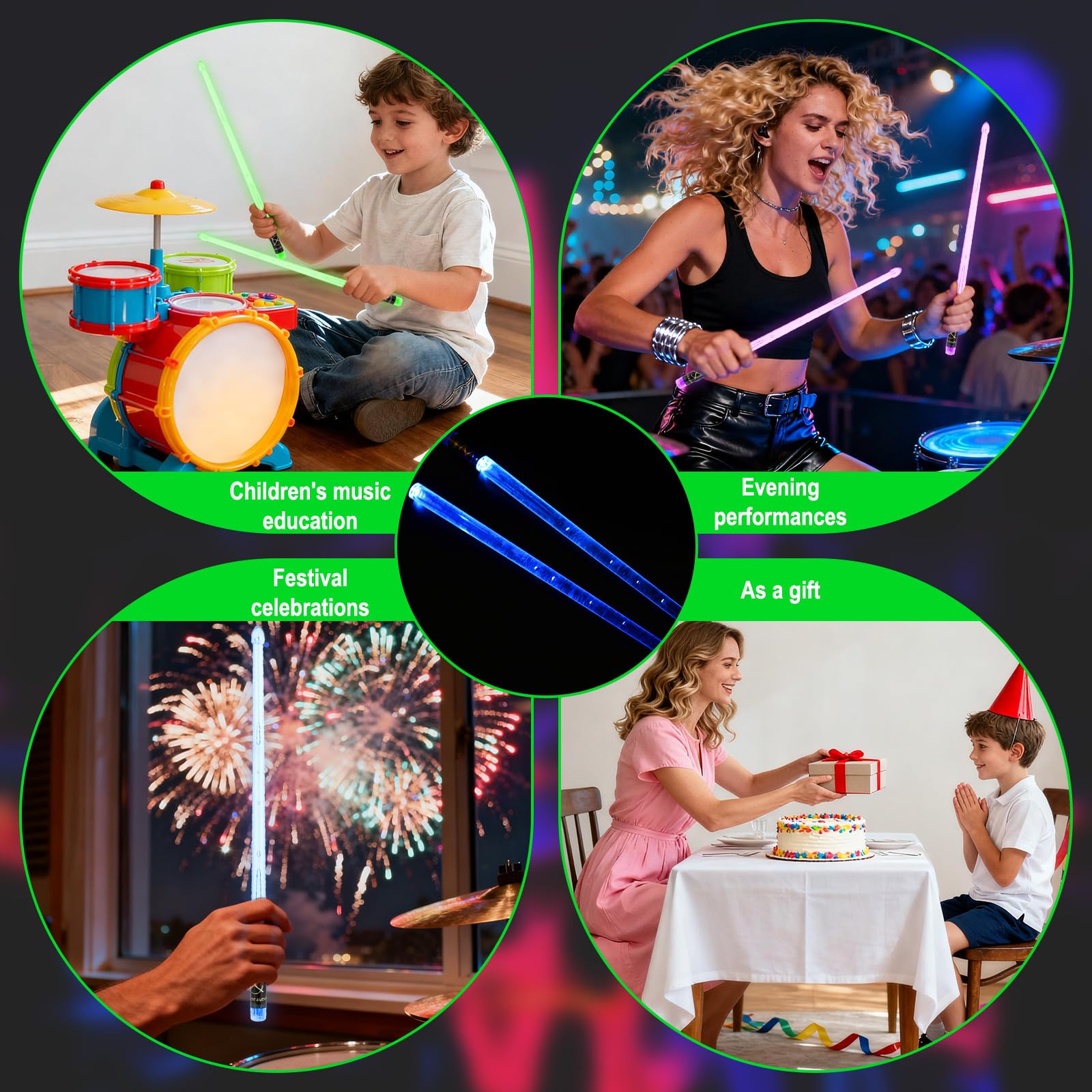 Bacchette per Batteria Ricaricabili con 15 Colori Cangianti, Bacchette Luminose con Ricarica USB Bambini e Adulti Accessori Batteria Professionali e Regali per Batteristi