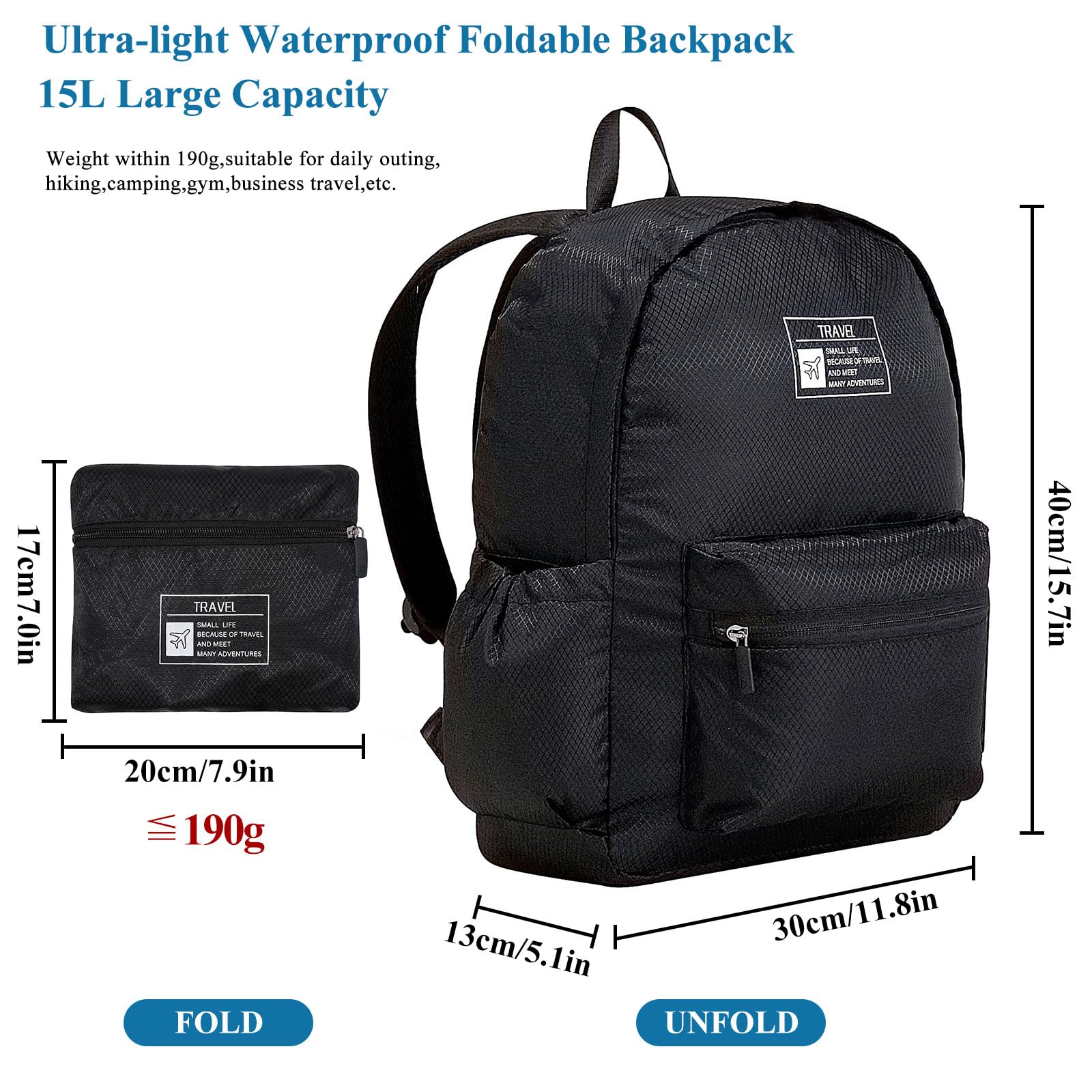 Long Keeper 15L Packable Lightweight Backpack for Women Men Water Resistant Foldable Hiking Travel Camping Daypack (Black)