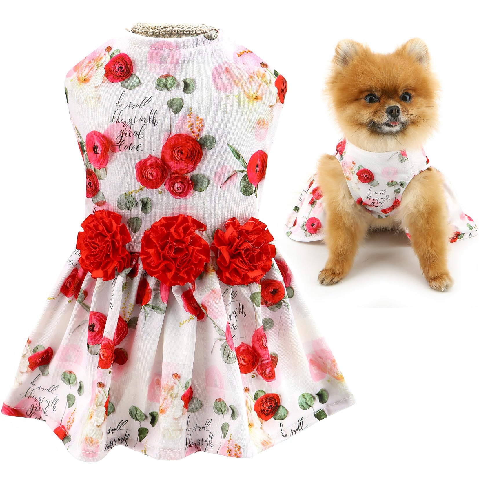 SMALLLEE_LUCKY_STORE Dog Dress for Small Dog Girls Princess Pet Skirts with Red Rose and Flowers Puppy Clothes Birthday Holiday Valentine Wedding Chihuahua Cat Apparel, Red Rose, S