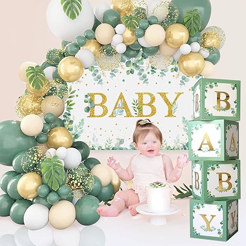 Miniatura 8 de 125 decoraciones de baby shower verde salvia, globos retro verdes y dorados de diferentes tamaños, telón de fondo verde para bebé y cajas de bebé