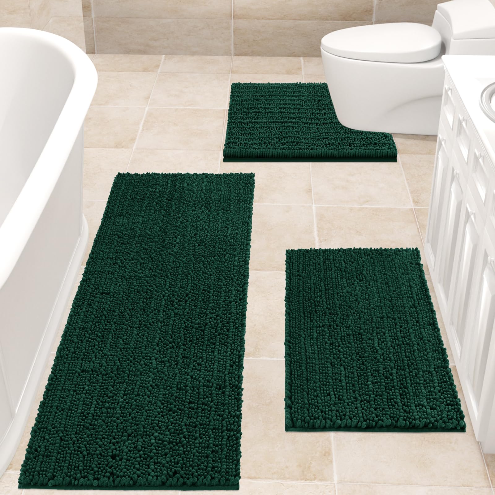 ACCUMTEK Upgrade Extra Large Deep Green Bathroom Rug Set 3 Pieces Ultra Soft, Thick Absorbent Bath Mats, Non Slip Chenille Toilet Mat for Bathroom, Bedroom, KitchenOEKO-TEX STANDARD 100