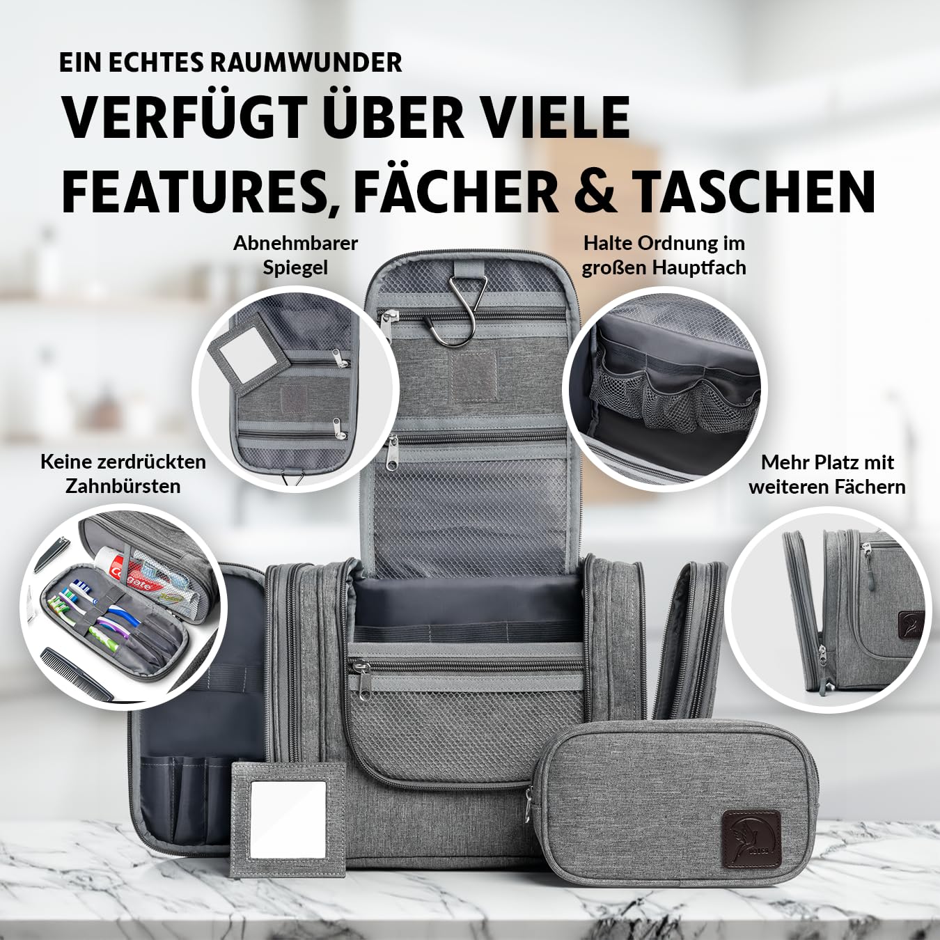 Obics Kulturbeutel Herren & Damen Gross grau 8L XL - Kulturtasche zum Aufhängen & mit Spiegel - Toiletten-Tasche mit Henkel hängend - Kosmetik-Beutel groß - Waschtasche 10 Fächer für Camping Reisen
