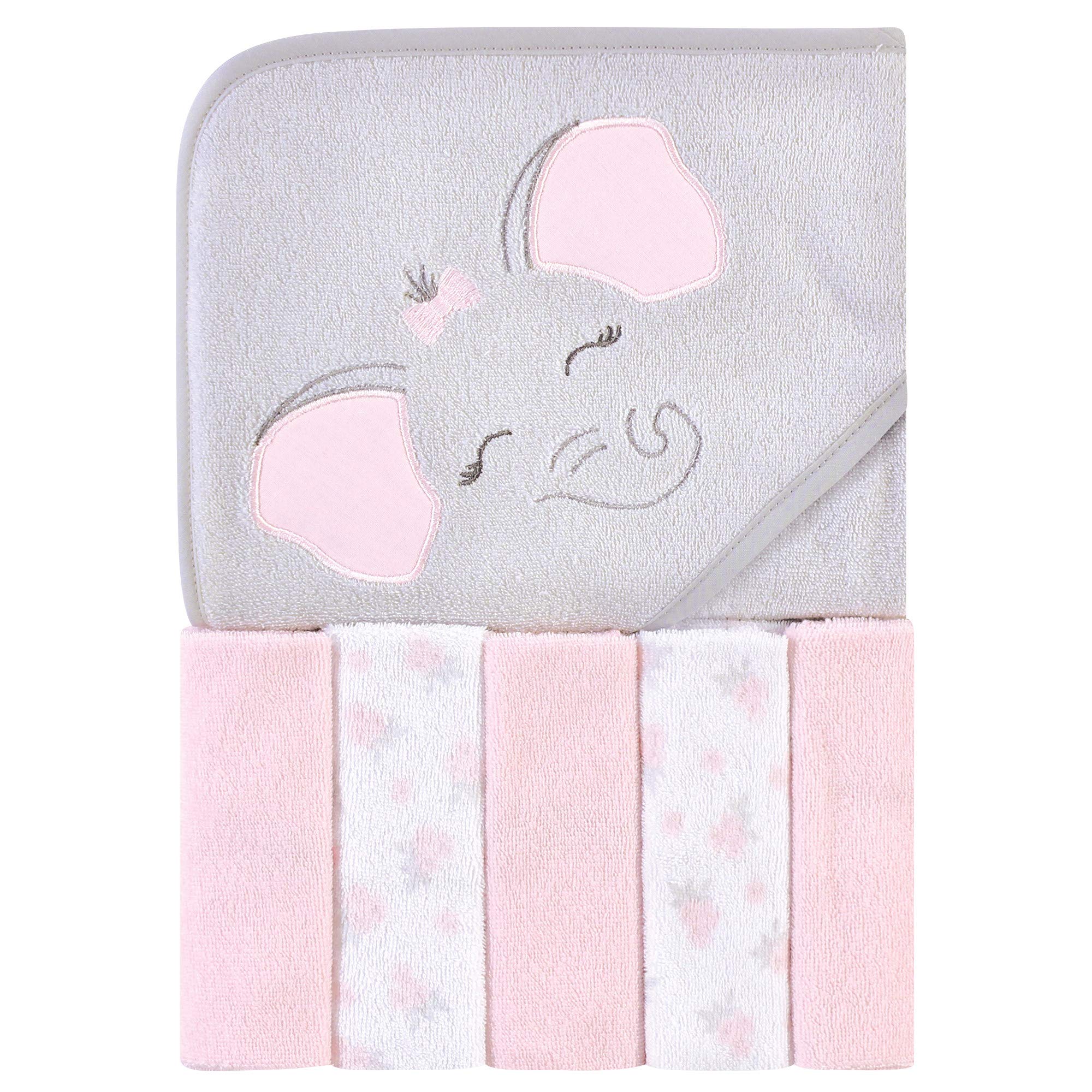 Unisex Baby Hooded Towel and Five Washcloths, Pink Elephant, One Size