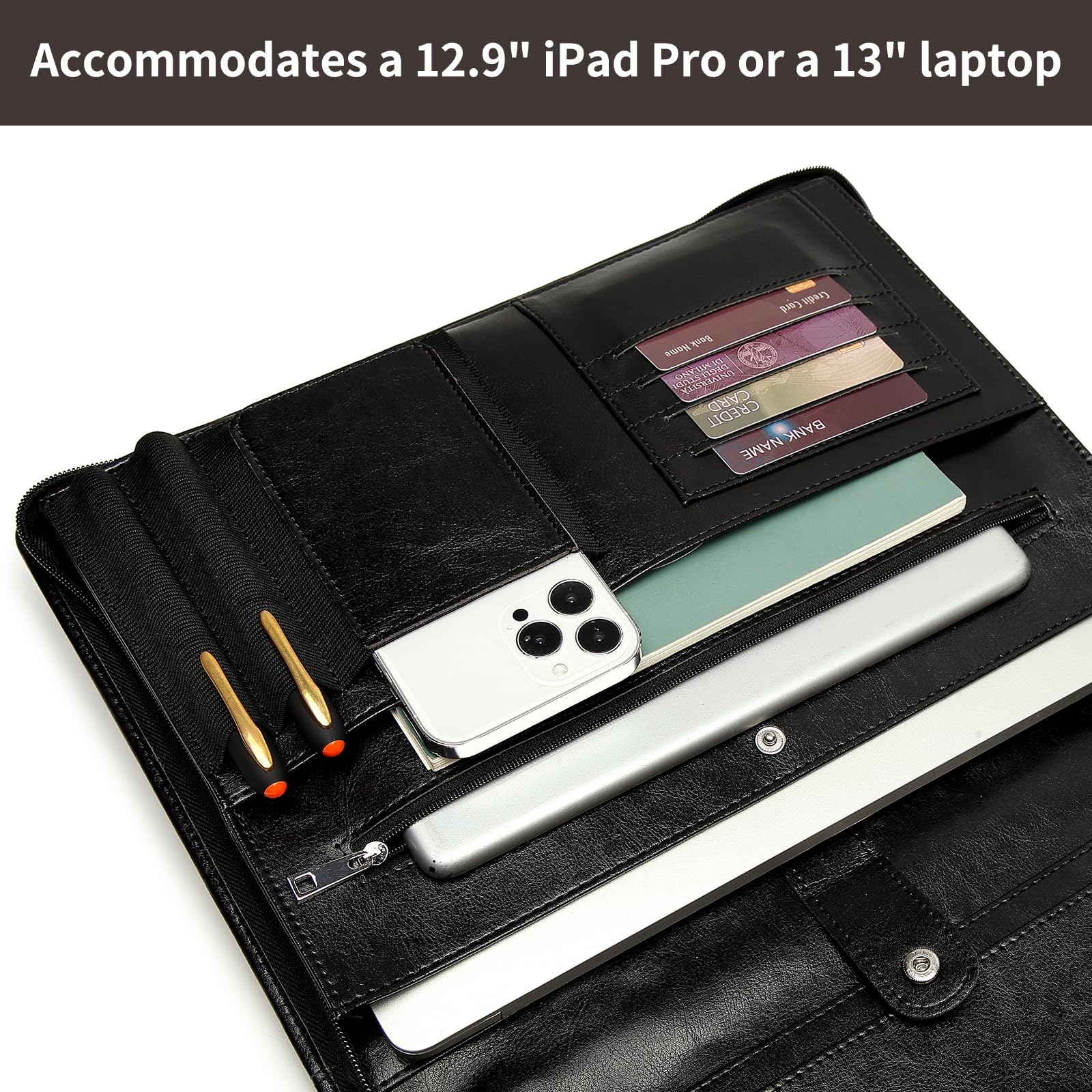 Portfolio in pelle vegana con portablocco, organizer con cerniera e 4 scomparti per biglietti da visita, 2 portapenne, tasca per tablet da 13,3", per donne e uomini, nero