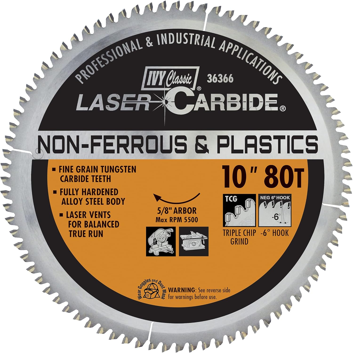 IVY Classic 36366 Laser Carbide 10-Inch 80 Tooth Non-Ferrous Cutting Circular Saw Blade with 5/8-Inch Arbor, 1/Card