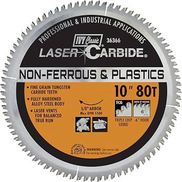 IVY Classic 36366 Laser Carbide 10-Inch 80 Tooth Non-Ferrous Cutting Circular Saw Blade with 5/8-Inch Arbor, 1/Card