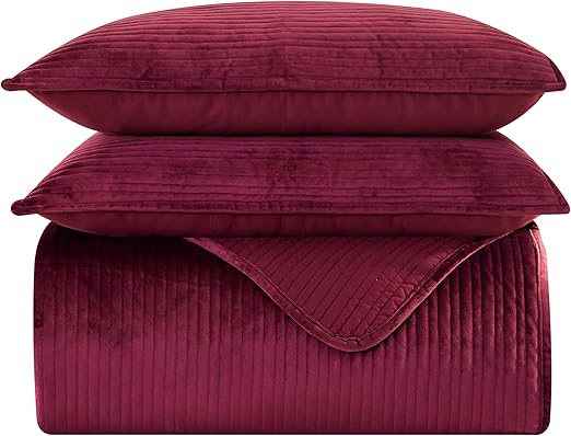 Elegant Comfort Luxury 3-Piece Velvet Corduroy Stripe Quilt Set, Ultra Soft Bedspread - Cozy Velvet Coverlet Set - 3PC Medium Weight Quilted Set with Matching Pillow Shams, Full, Burgundy