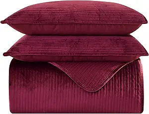 Elegant Comfort Luxury 3-Piece Velvet Corduroy Stripe Quilt Set, Ultra Soft Bedspread - Cozy Velvet Coverlet Set - 3PC Medium Weight Quilted Set with Matching Pillow Shams, Full, Burgundy