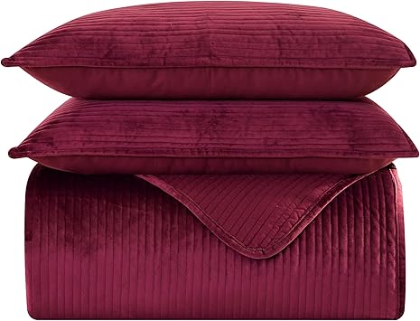 Elegant Comfort Luxury 3-Piece Velvet Corduroy Stripe Quilt Set, Ultra Soft Bedspread - Cozy Velvet Coverlet Set - 3PC Medium Weight Quilted Set with Matching Pillow Shams, Full, Burgundy