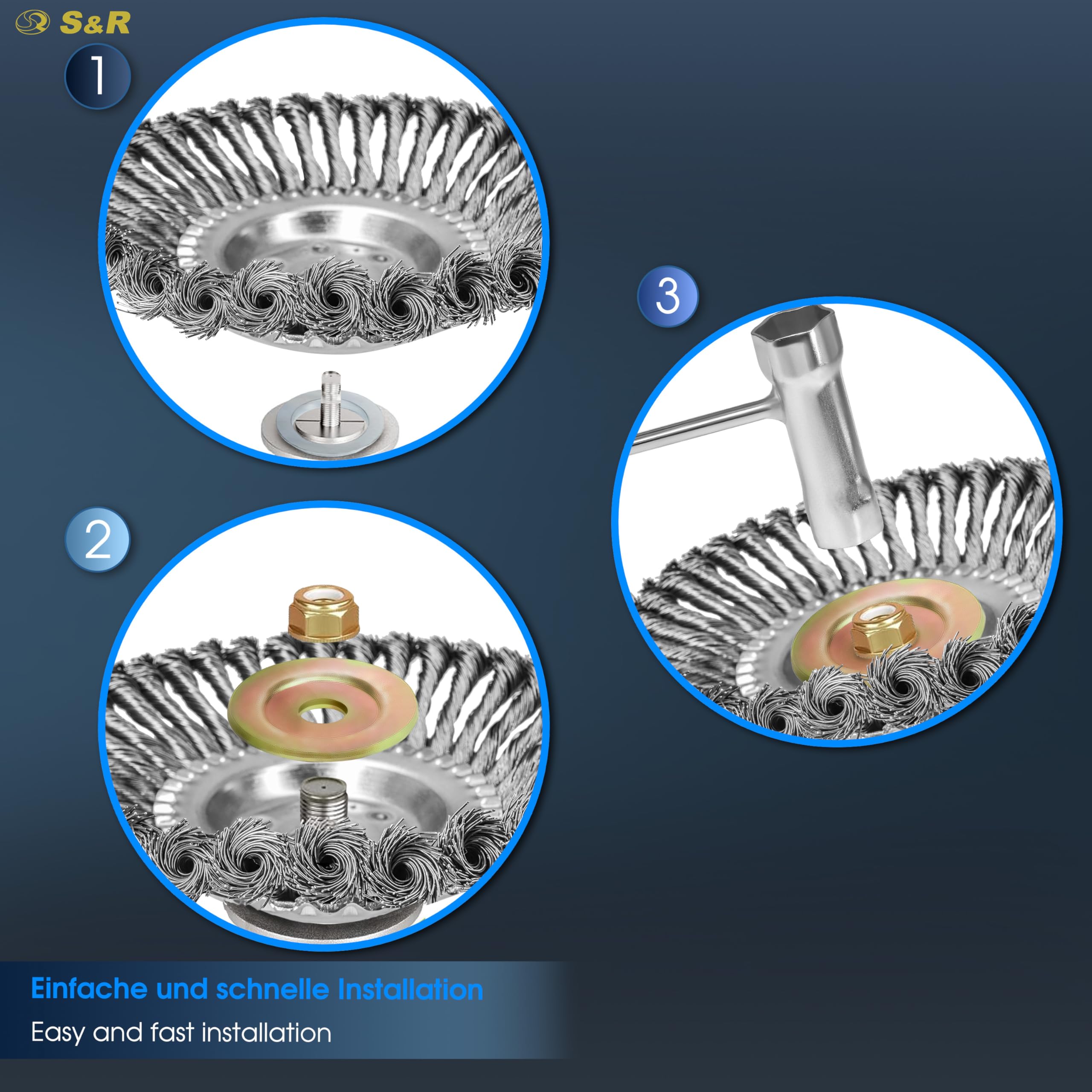 S&R Unkrautbürste, Stahlbürste 200 mm x 25,4 mm, Set 5-tlg mit Zubehör, gezopfter Stahldraht, Kegelbürste für Motorsense, Wildkrautbürste gegen Unkraut, Moos, starke Verunreinigungen