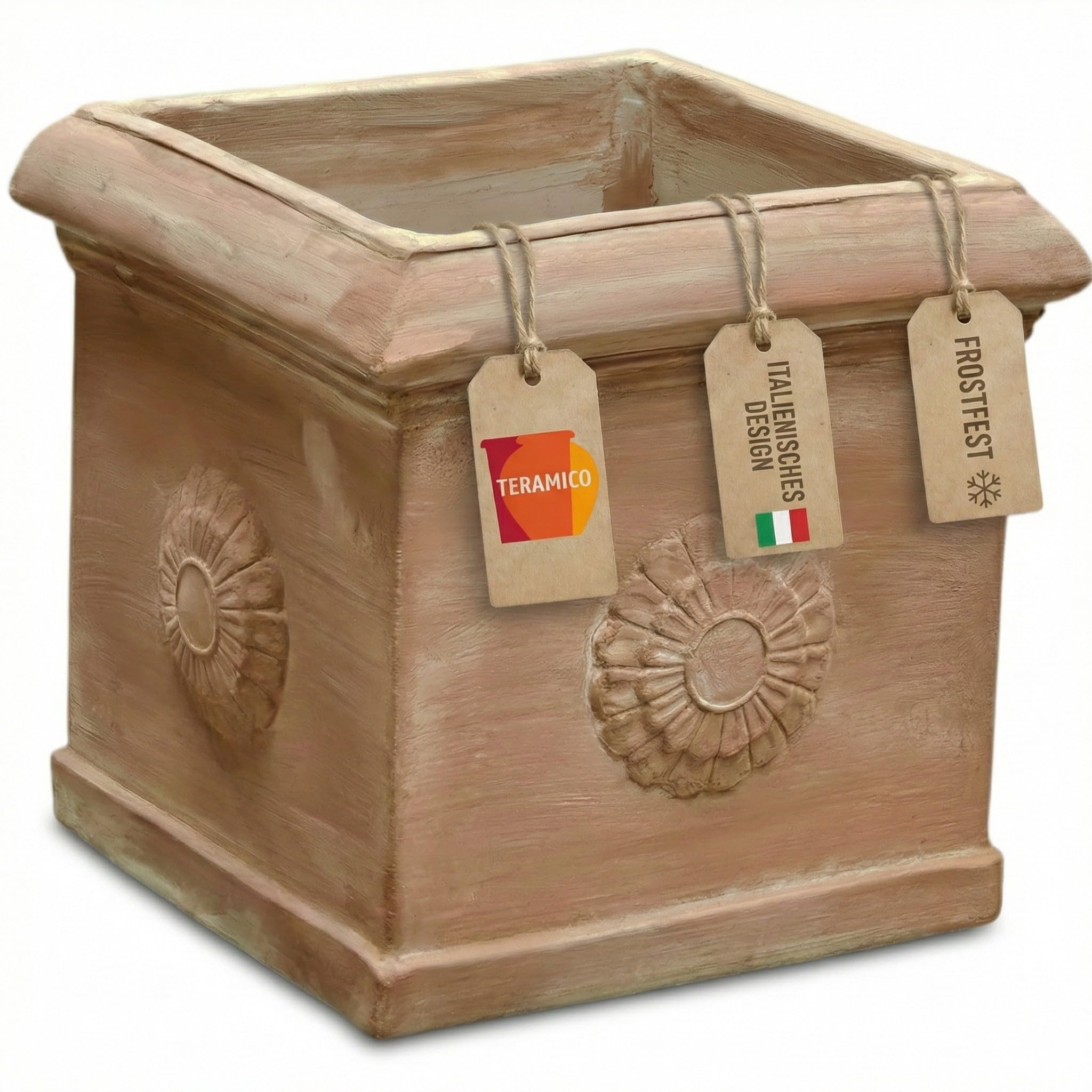 teramico Pot de Fleurs Cubo Con Rosone fabriqué à la Main en Terre Cuite d'origine résistant au Gel (25 cm)