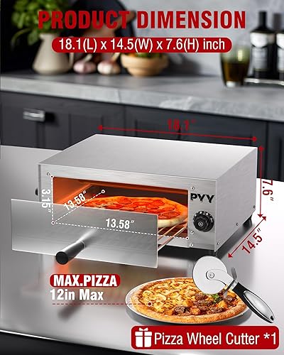 Miniatura 6 de PYY Horno de pizza eléctrico  Horno de pizza de mesa de 12 pulgadas para interiores, acero inoxidable, profesional, para hornear, encimera, con