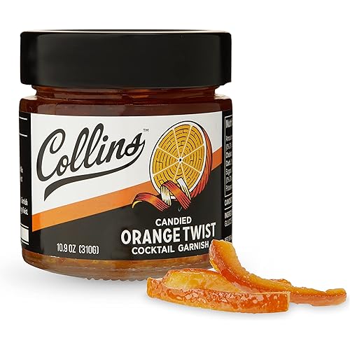 Collins Candied Fruit Orange Peel Twist in Syrup - Popular Cocktail Garnish for Skinny Margarita, Martini, Mojito, Old Fashioned Drinks, Peel for Baking, 10oz