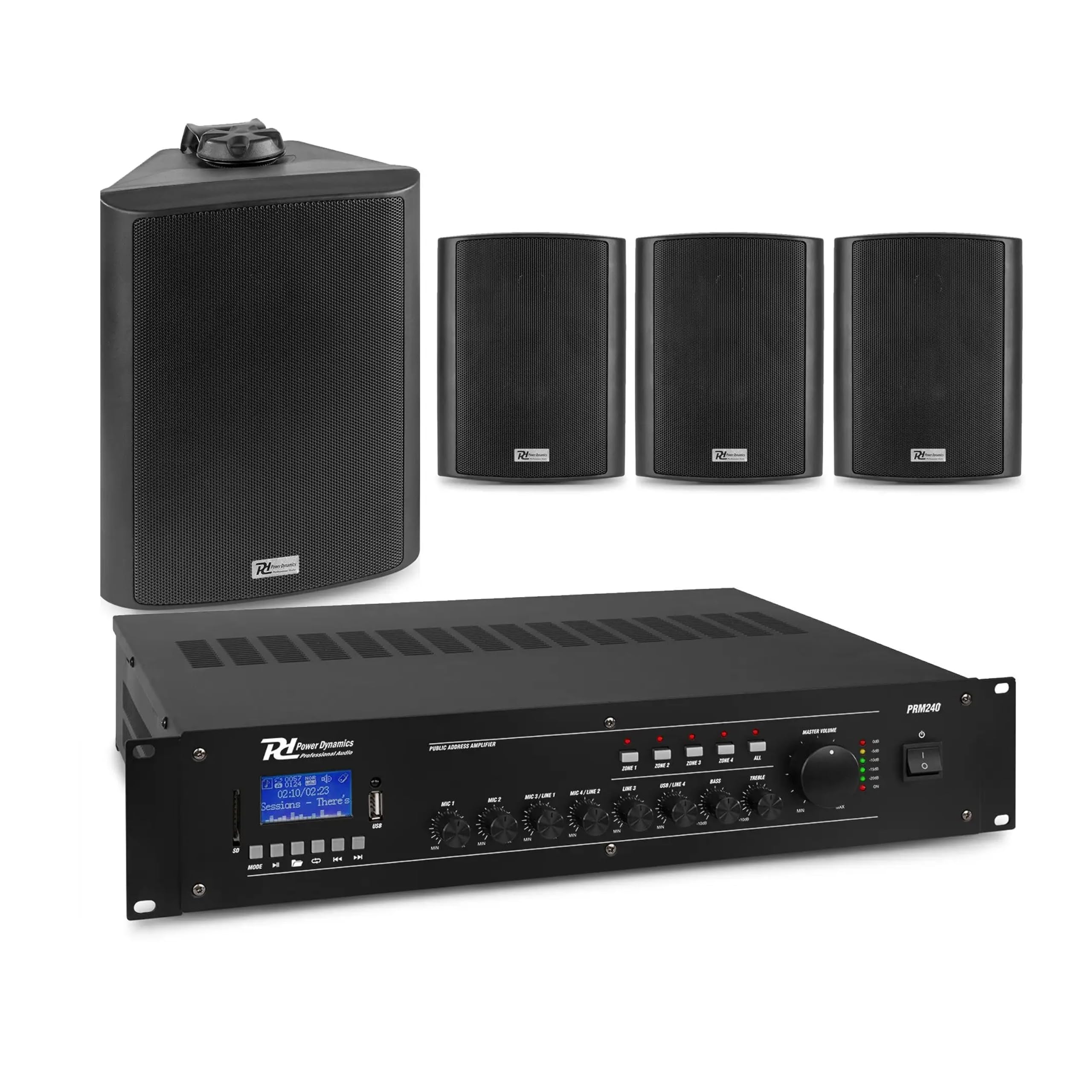 Power Dynamics Conjunto de Altavoces Exteriores - 4 Altavoces 150W IPX5, Amplificador PRM240 240W, Bluetooth, Reproductor MP3 USB/SD, Soportes de Montaje, Cable de 50m