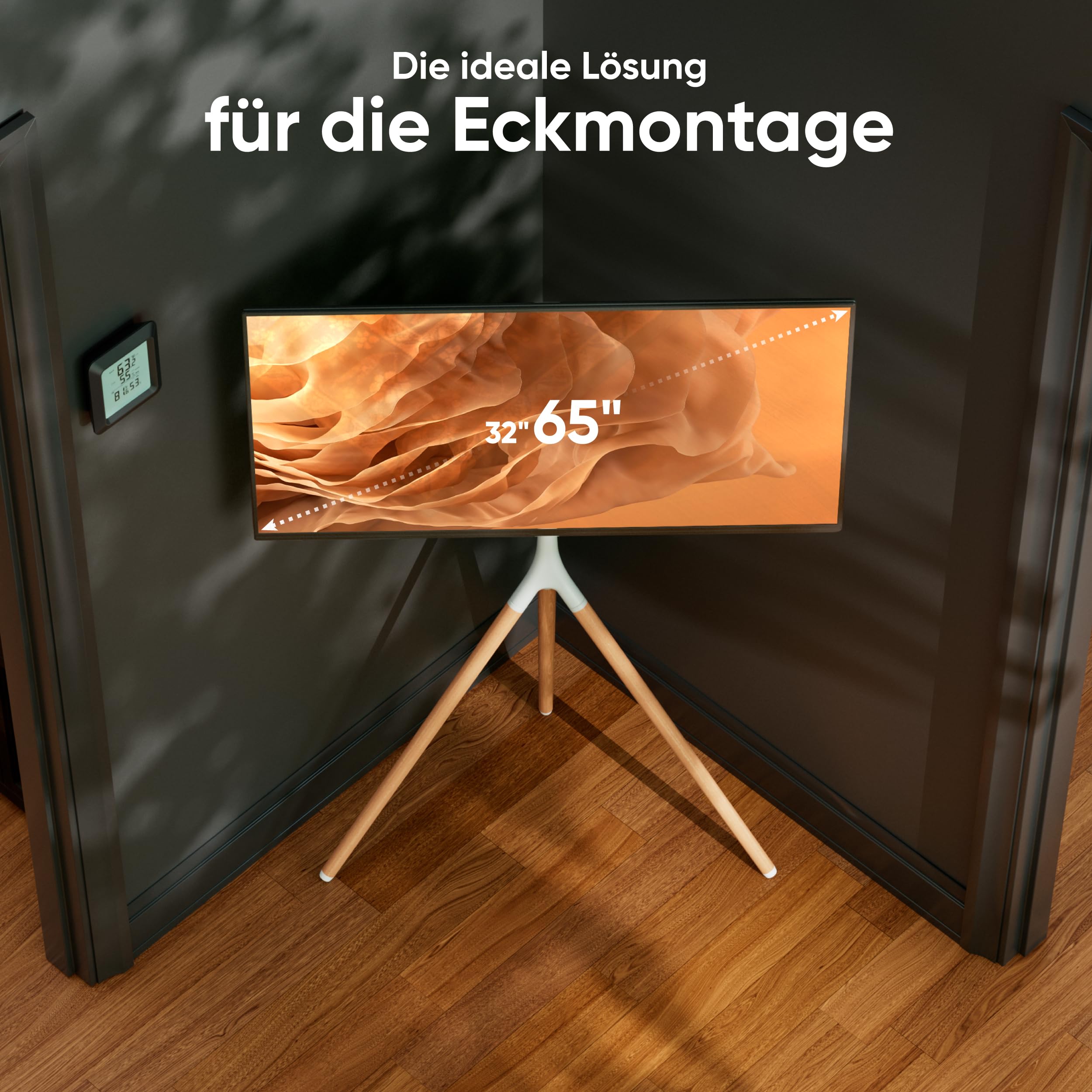 ONKRON TV Ständer Dreibein für 32-65 Zoll Fernseher bis 35 kg, Staffelei TV Standfuss höhenverstellbar schwenkbar, VESA 100x100-400x400, Fernseher Tripod Stand aus Holz Weiß TS1220-W