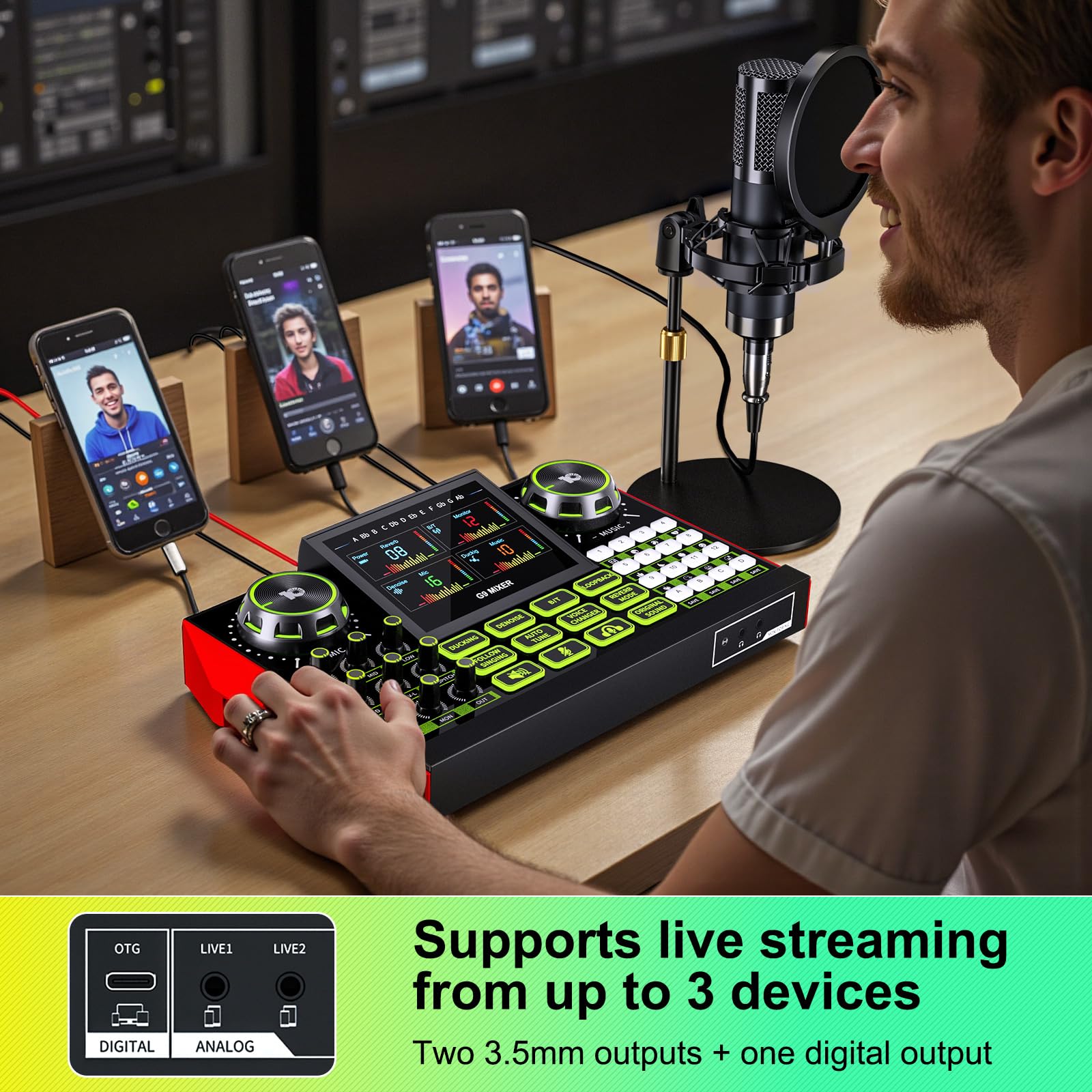 TENLAMP G9 Kit Podcast – Table de Mixage Live Sound Board, Micro condensateur 3,5mm avec Support, Changeur de Voix, Réverbération, Réduction de Bruit, Monitoring – pour PC, Smartphone, Streaming