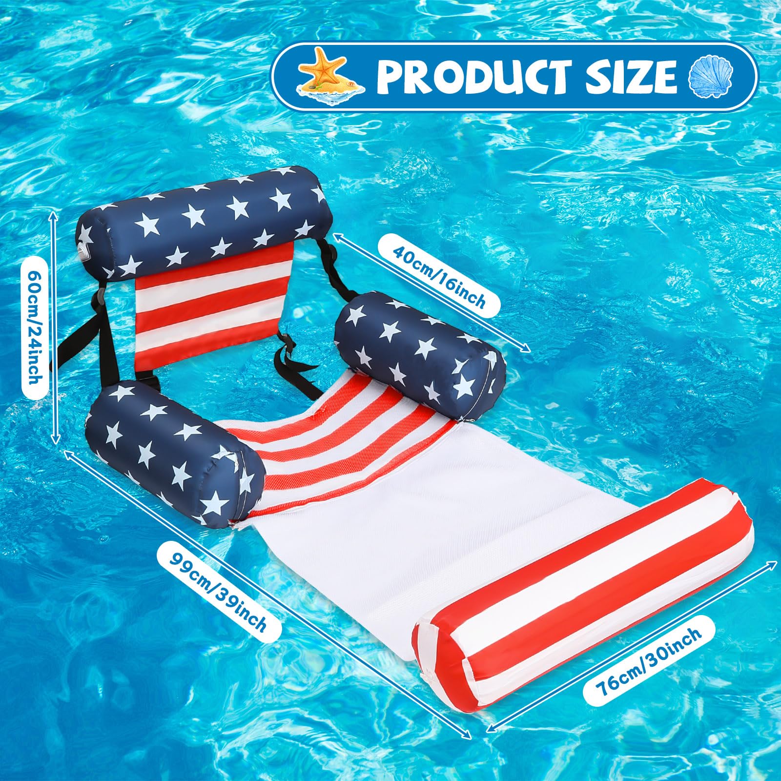 2 in 1 Inflatable Pool Floats Lounge with Leg Arm Rests Fabric Covered Floating Lounger Chairs Blow up Pools Noodles for Adult Heavy Duty Float Chair for Party Summer Water Beach Lake(American Flag)