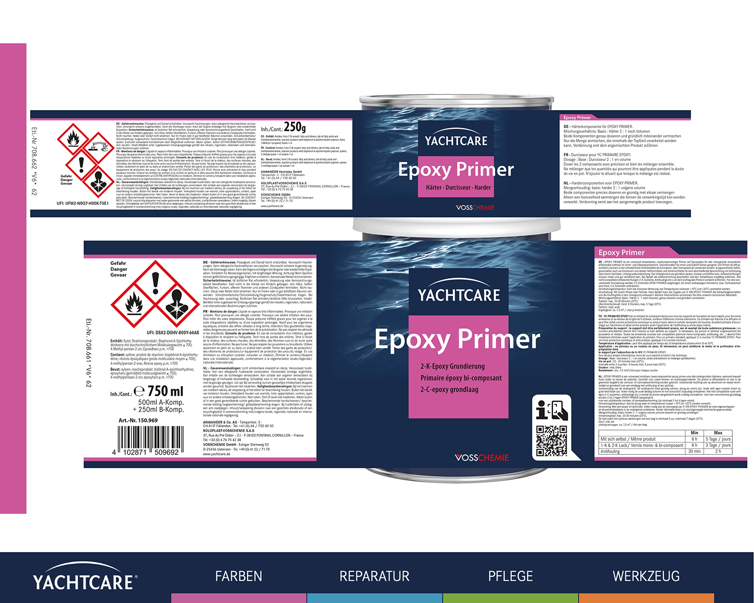 Yachtcare 2-K Epoxy Primer | 750ML | Weiß | 2-Komponenten Epoxid Grundierung für Antifouling und Lacksysteme | Osmoseschutz