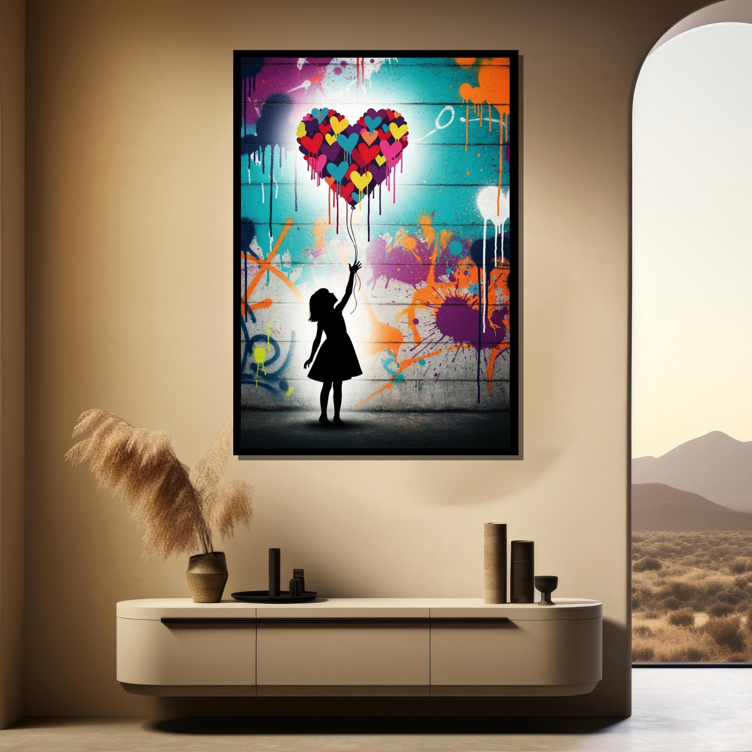 YUSUZHU Quadro su tela con motivo graffiti a forma di cuore e palloncino – Pronto da appendere – Decorazione murale per soggiorno – Poster e stampe di street art urbana (40x60 cm/cornice interna)