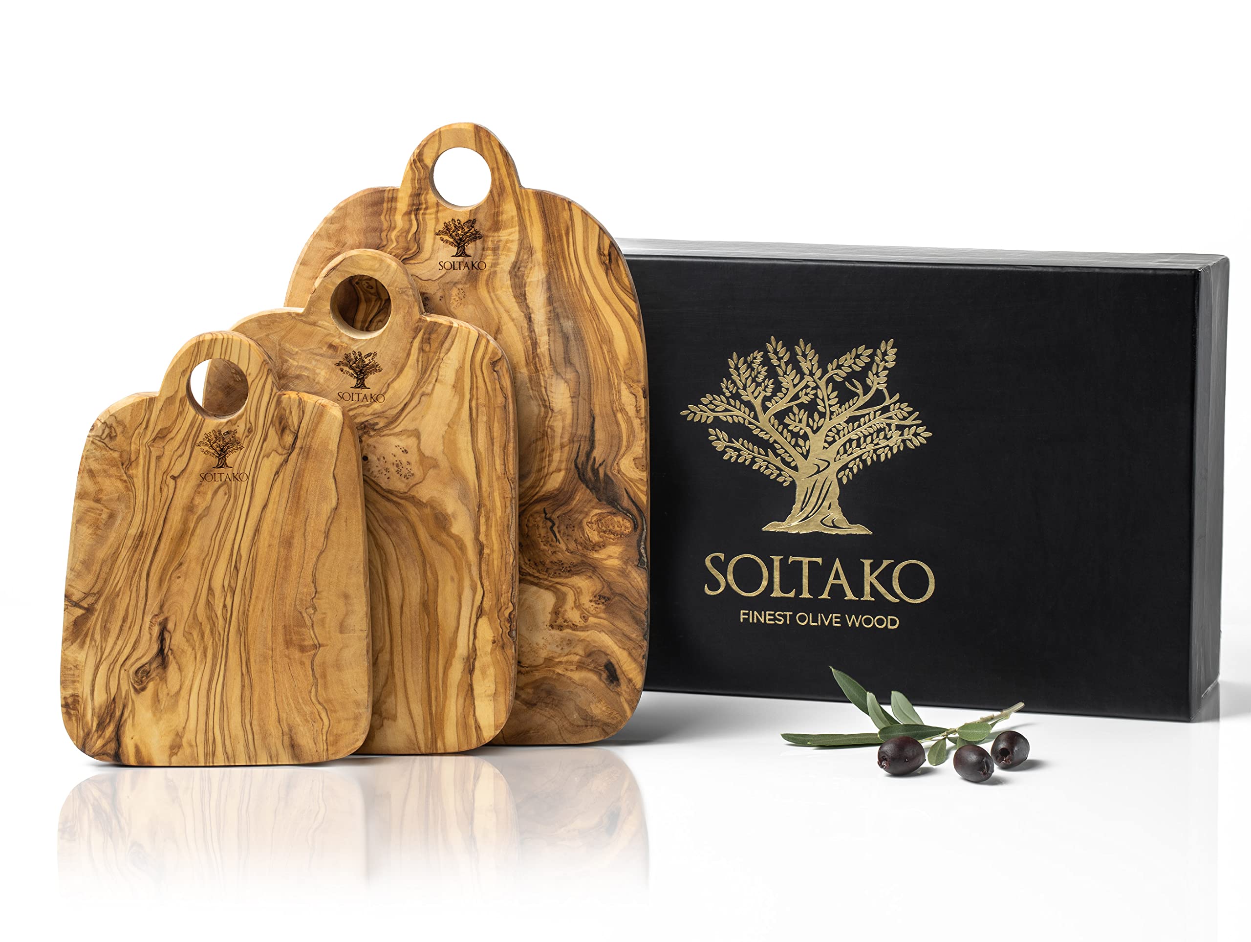 SOLTAKO Planche à Découper en Bois d’Olivier, Série de 3 Modèles Rustiques, pour Fromage, Plateau Apéritif en Bois d’Olivier Méditerranéen, Apéro Artisanal, avec Poignée