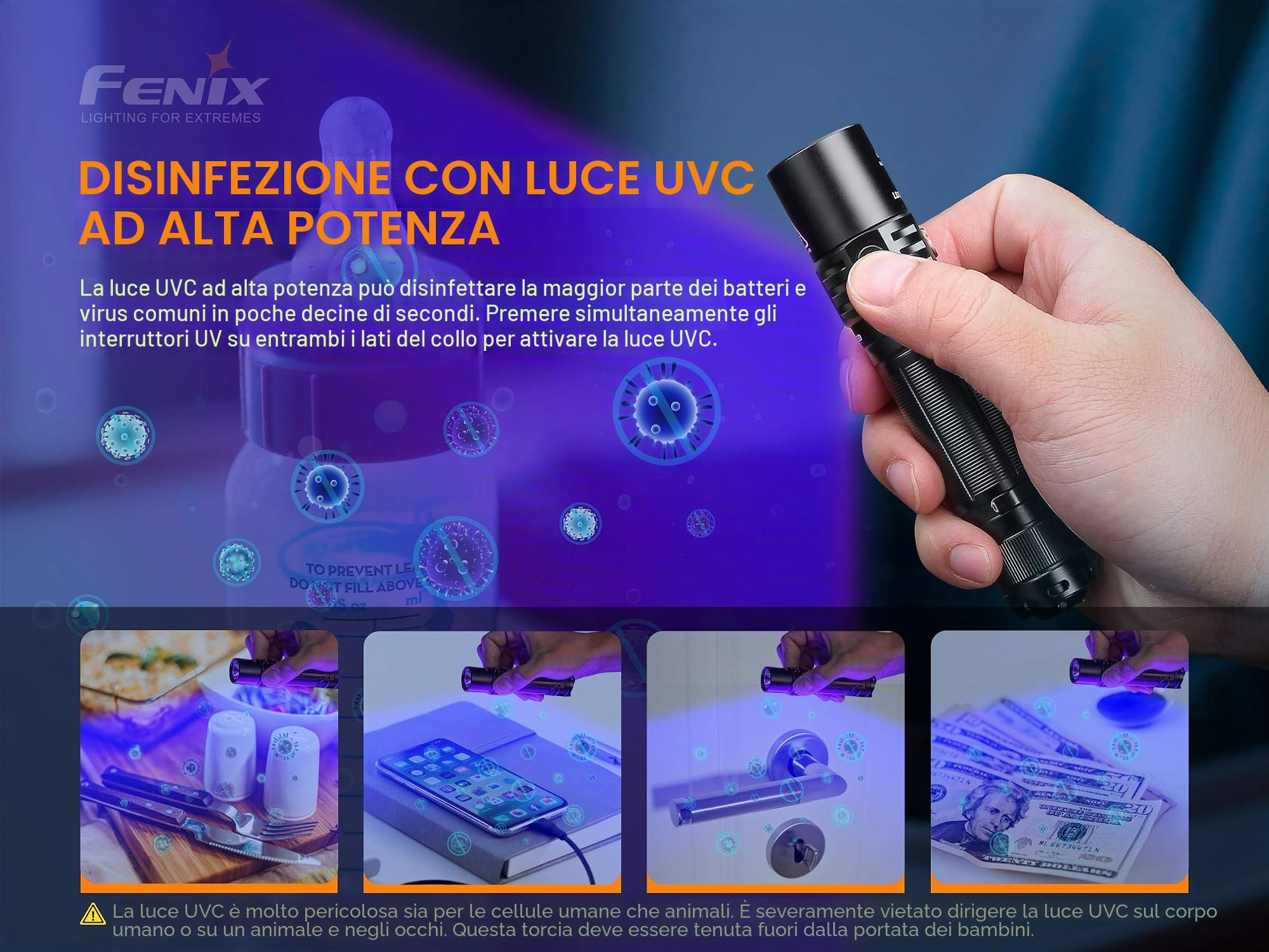 FENIX Torcia LD32 UVC (luce bianca e LED disinfettanti UVC)