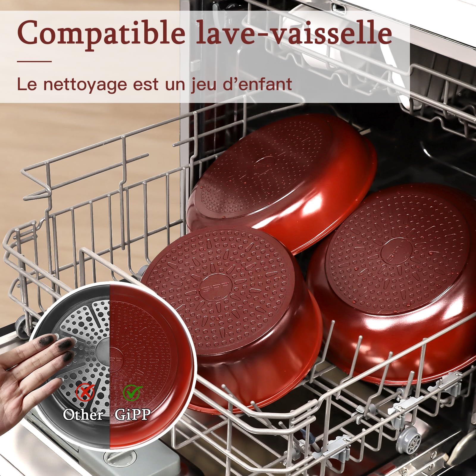 GiPP 5 PCS Set Poele et Casserole Induction Antiadhésive en Granit,Rouge | Batterie de Cuisine Tout Feux, Inclure Poêle/Casserole/Wok, Poignee Amovible pour Camping, Compatible Lave-vaisselle et Fours