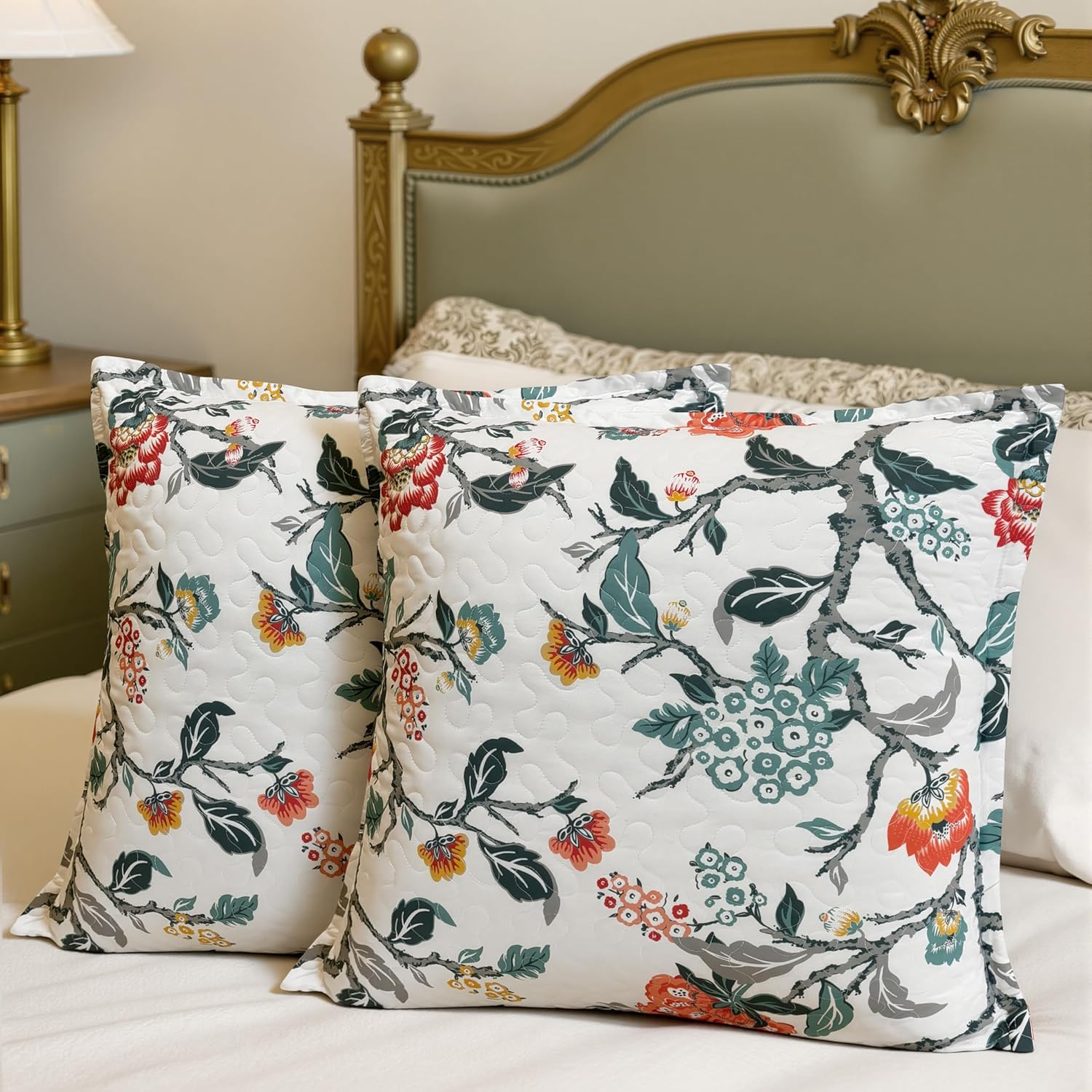 DriftAway Ada Floral Thermal Insulated Double Layer Blackout Curtains Bundle with Quilted Pillow Covers Set of 2 Home Sofa Bedroom Bed Decor 26 x 26 Inches