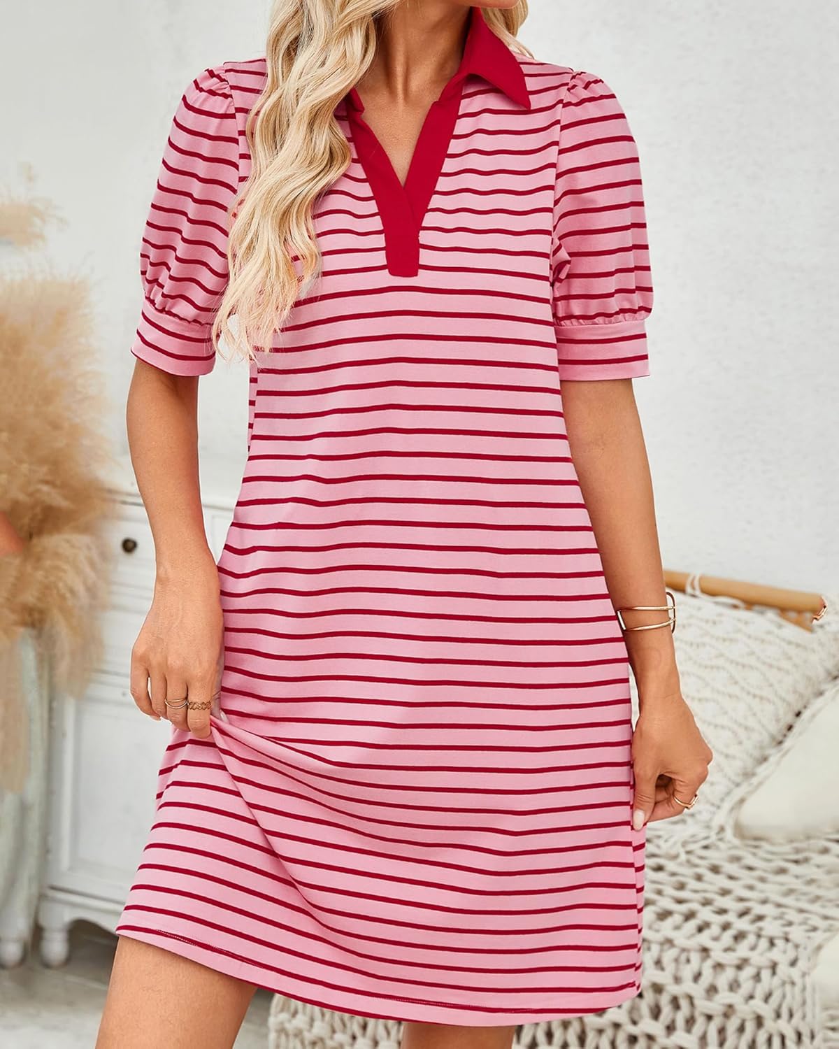 Women's 2026 Summer Casual Striped T Shirt Mini Dress Lapel V Neck Puff Short Sleeve Beach Vacation A-Line Dress - Image 6