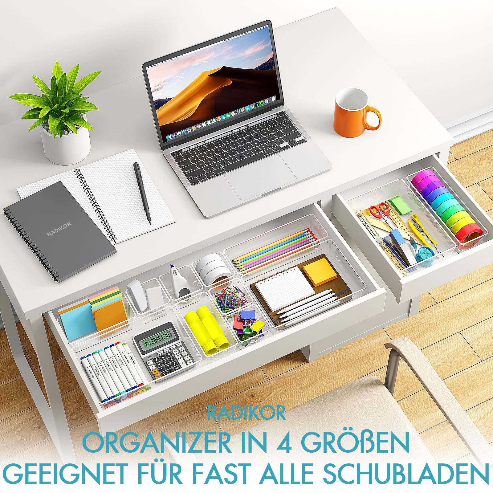 Radikor Organizer Cassetti 44 Pezzi, Organizer Trucchi Cassetti in Plastica Trasparente, 4 Dimensioni, Contenitori Cassetti per Bagno, Cucina, Trucchi, Scrivania