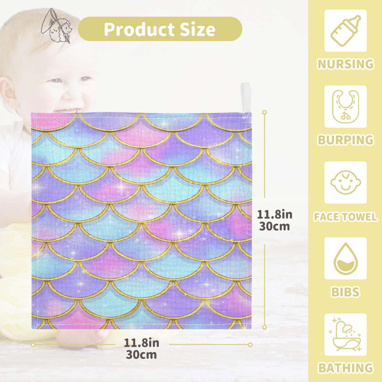 Nander 5Pack Baby Muslin Washcloths,Beautiful Colorful Mermaid Scales Soft Face Cloths for Newborn, Absorbent Bath Wash Cloths, Wipes, Burp Rag,Toddlers Essentials Stuff, Baby Registry as Shower