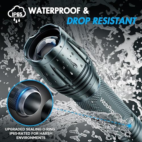 Miniatura 5 de WdtPro Linterna LED SR2000 Pro de alto lúmenes, paquete de 2 linternas tácticas más brillantes con 5 modos y zoomable, potente mini luz flash para