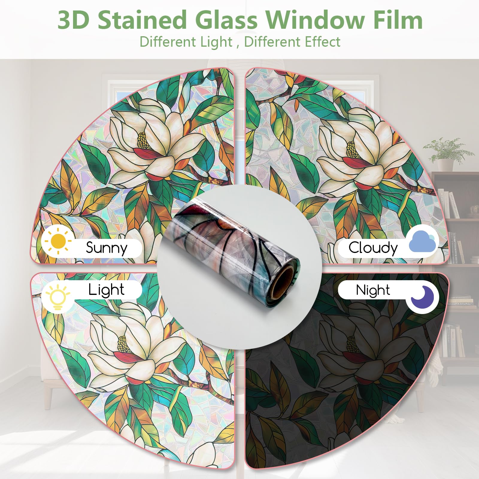 KROMAPOLIS Fensterfolie Blickdicht Fensterfolie Bunt Selbsthaftend, Sichtschutzfolie Fenster, 3D Regenbogen Folie Fenster Sichtschutz Anti UV Statisch Haftend Window Film Weiß Magnolie - 90x400cm