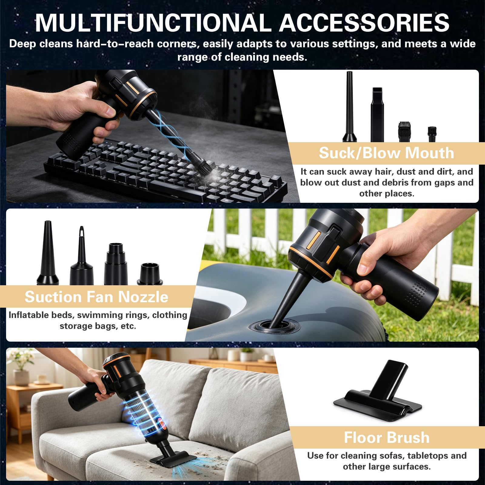 Aspirabriciole Senza Fili,26000Pa Aspirapolvere Auto,Mini Aspirapolvere Portatile,Potente Aspiratore e Soffiatore 4 in 1 con Motore Brushless per Auto,Casa,Ufficio,Peli di Animali Domestici